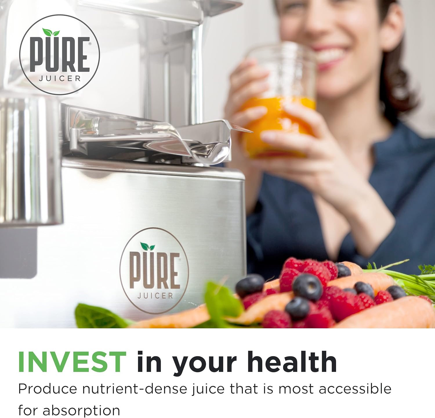 PURE Juicer Two-Stage Juicer - Premium Cold Press Juicing Machine - Solid Stainless Grinder and Hydraulic Press For Fruits, Vegetables, Nuts