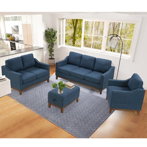 Classic 3-Seater Upholstered Sofa with Nailhead Trim, High-Density Foam Cushions & Sturdy Solid Wood Legs, Soft Fabric Couch for Living Room, Beige