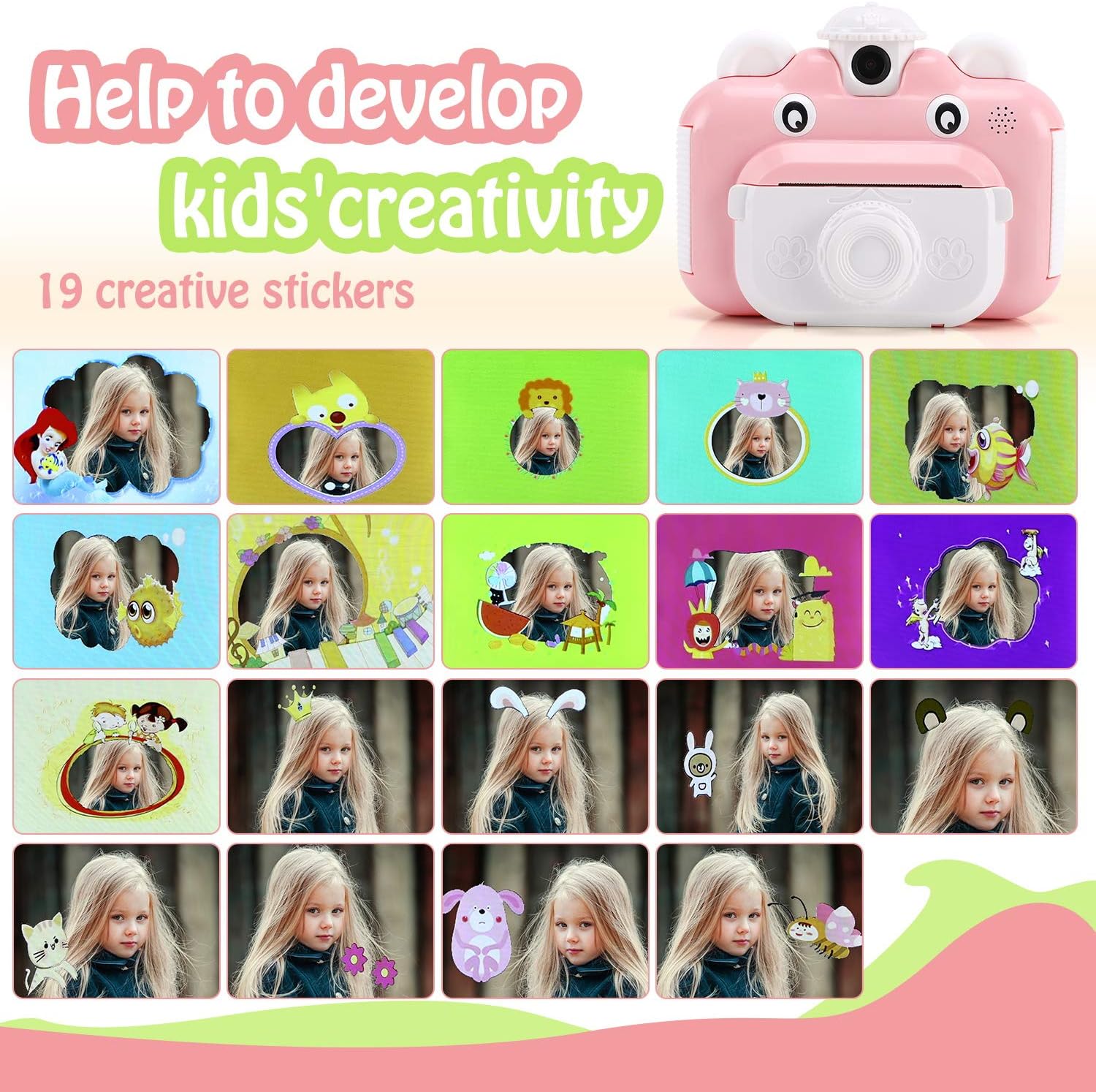 Barchrons Instant Print Digital Kids Camera 1080P Rechargeable Kids Camera for Girls Video Camera with 32G SD Card Gift for 6-12 Years Old Girls Boys Merry Christmas