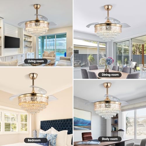 42'' Dimmable Fandalier Crystal Ceiling Fans LED Retractable Ceiling Fandeliers Chandelier with Light and Remote Ceiling Fan for Bedroom, APP & Memory Function, 6 Speeds