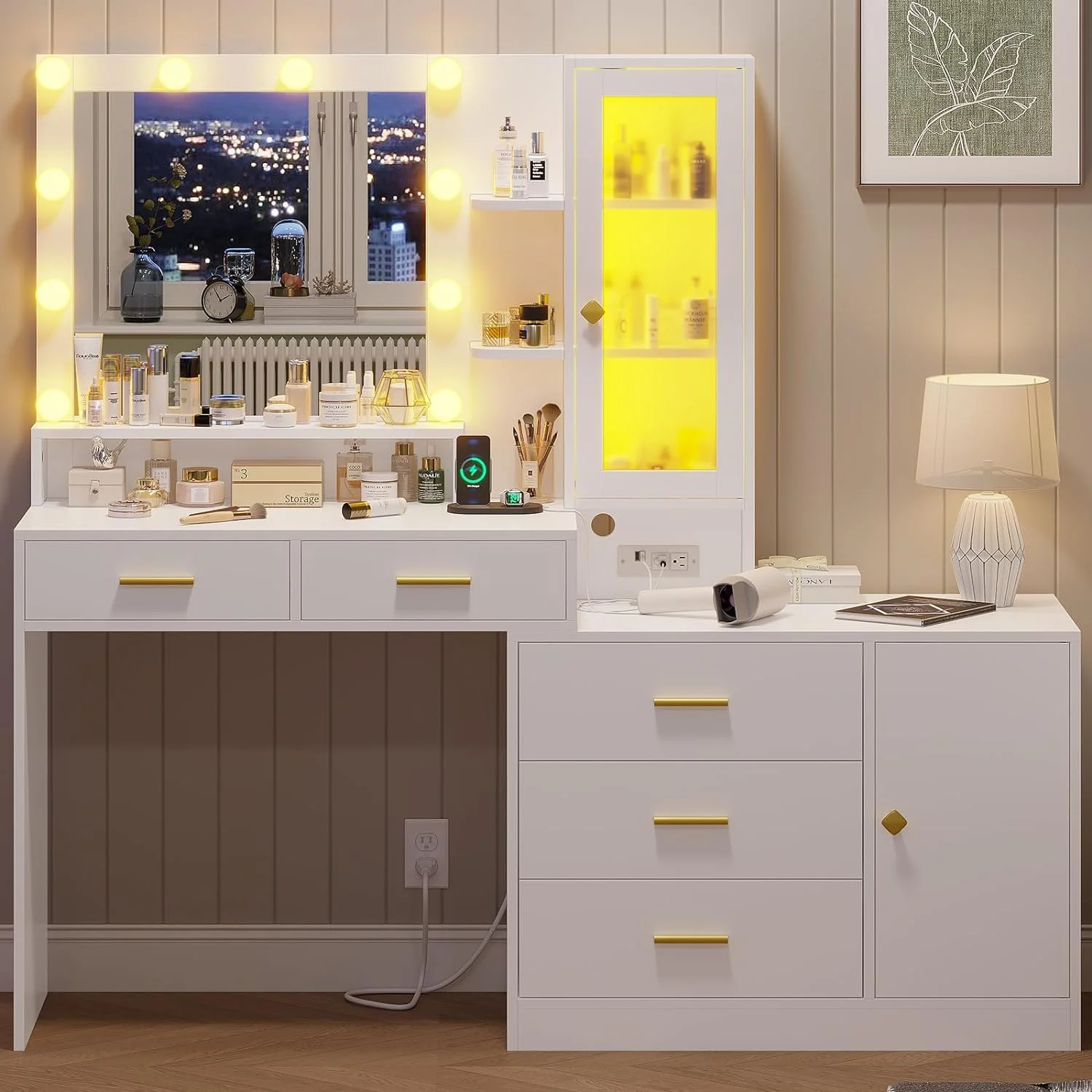 AOGLLATI Vanity Desk with Drawers & Storage Shelves,Makeup Table with Mirror and Ambient Light and Charging Station,White