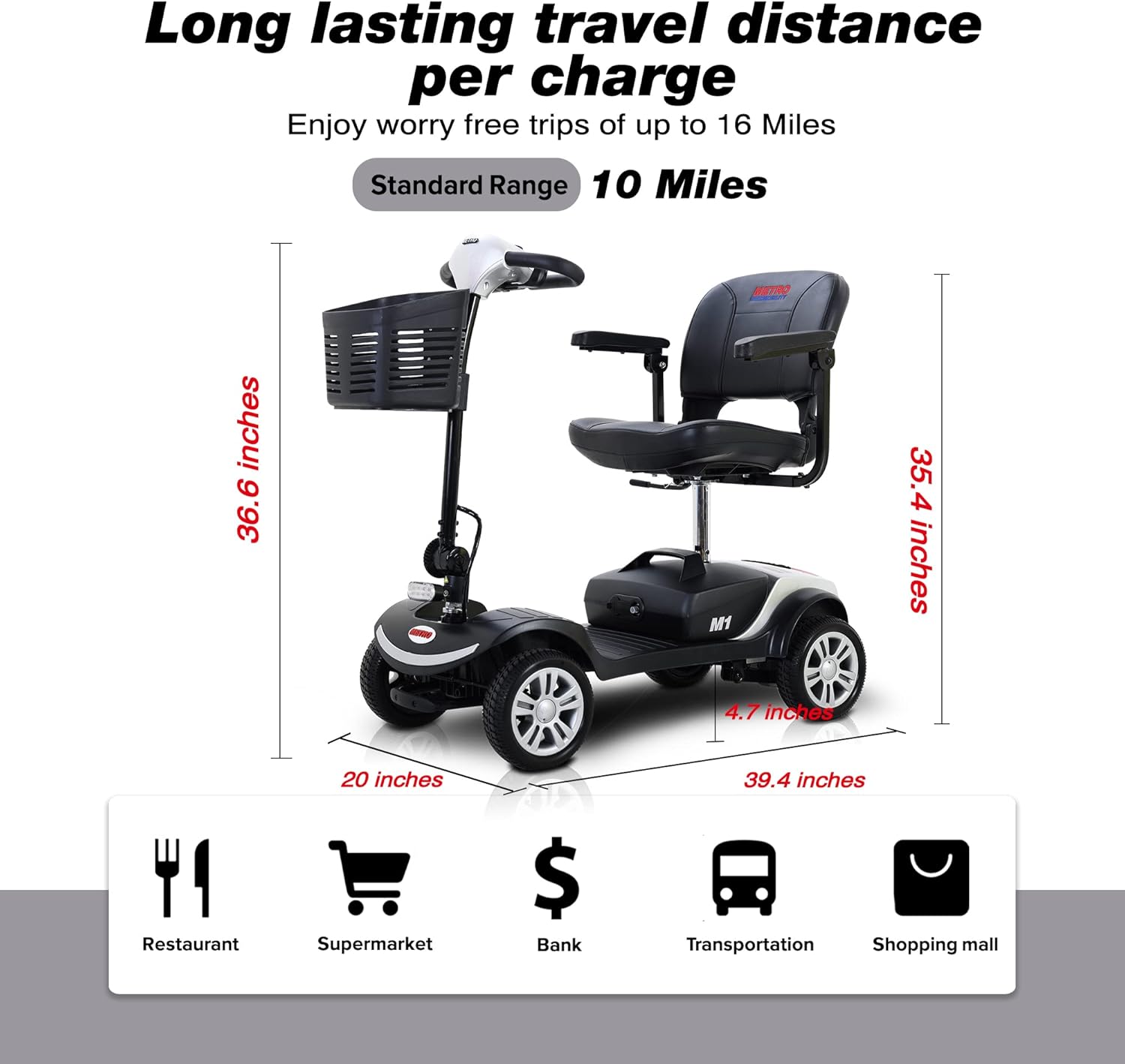 Mobility Scooter Delivers 4 Wheel with Head Light- Max Speed 5 Mph, Max Load 265lbs,Adults Electric Medical Scooter , Lightweight and Compact for Travel(Black Whit Head Light)