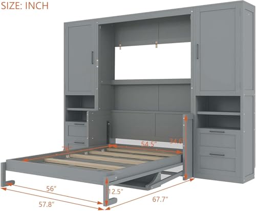 MERITLINE Full Murphy Bed with Desk and Storage 2 Closet,Drawers&Shelves, Wood Folding Murphy Wall Bed Cabinet for Adults (Full,White with Drawers)
