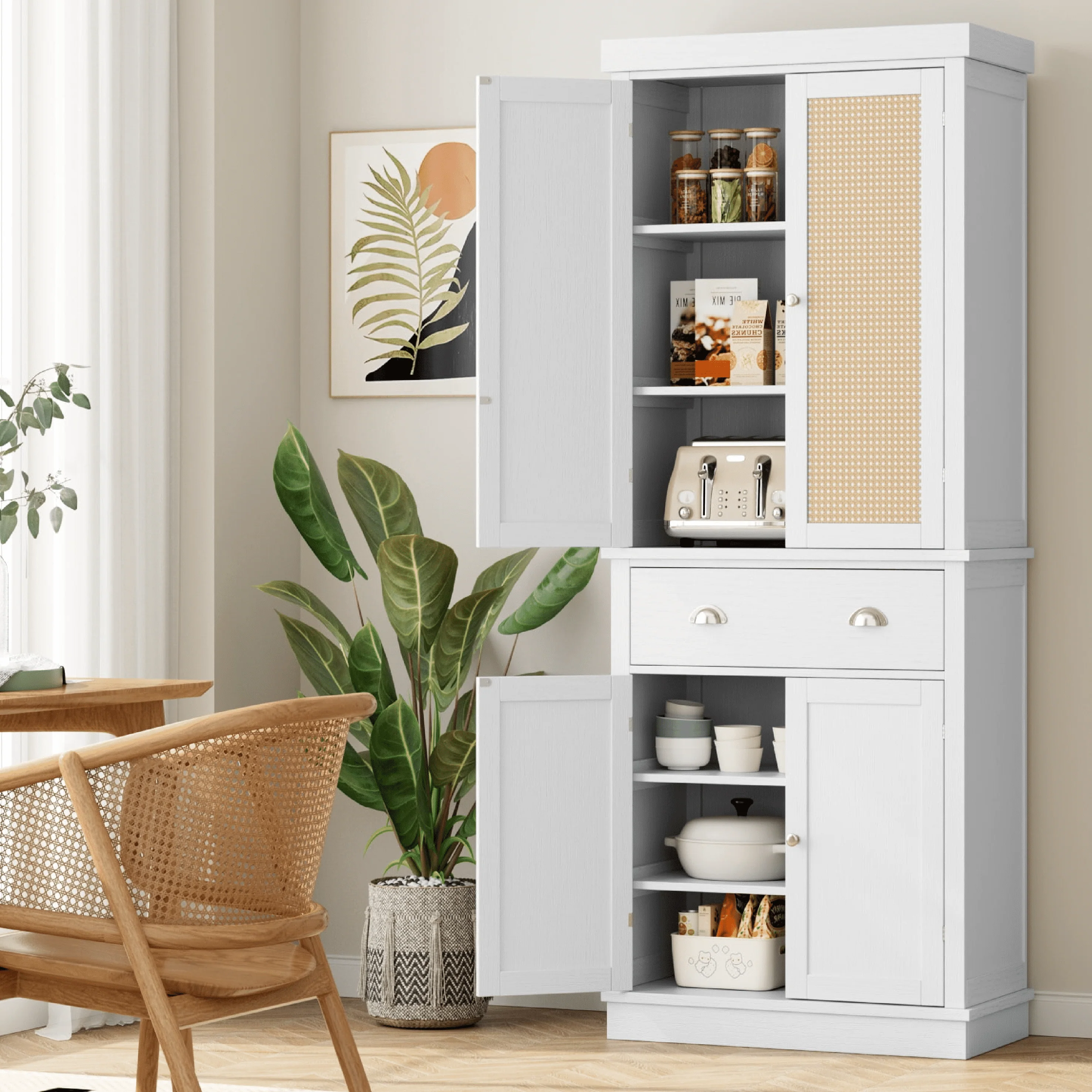Homfa 72.4'' Tall Kitchen Pantry with 4 Doors, Large Drawer Shelves Wood Storage Cabinet for Dining Room Living Room, White