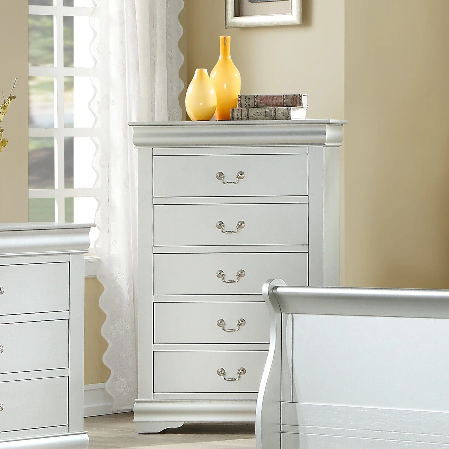 Louis Phillippe Style Transitional Bedroom 5pc Set Twin Bed Dresser Chest Nightstand Mirror Platinum Finish Furniture