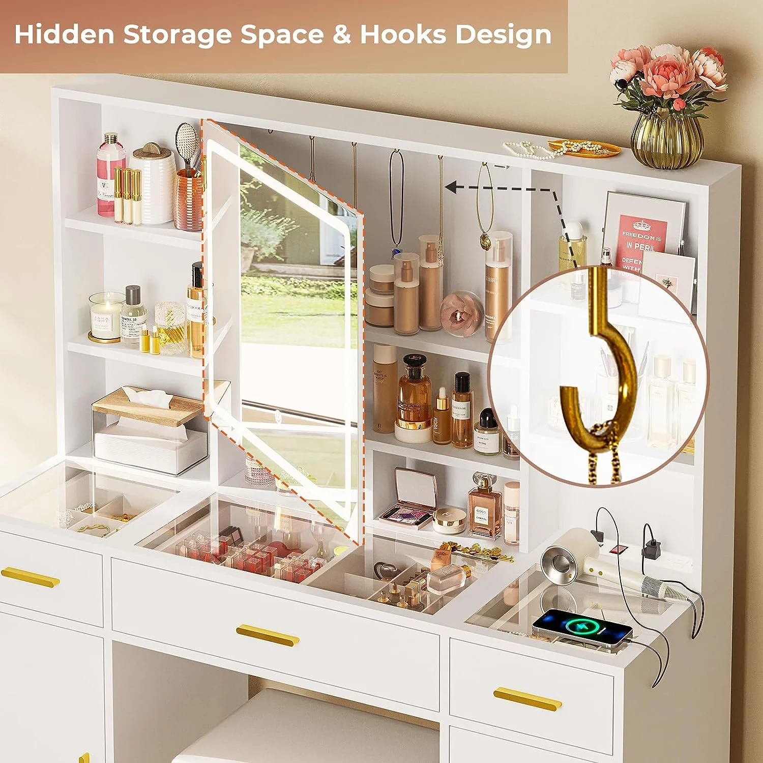AOGLLATI Vanity Desk with Lights Mirror and 3 Drawers,Glass Tabletop Make up Vanity Set with Charging Station & 2 Cabinets,Hidden Hooks,White