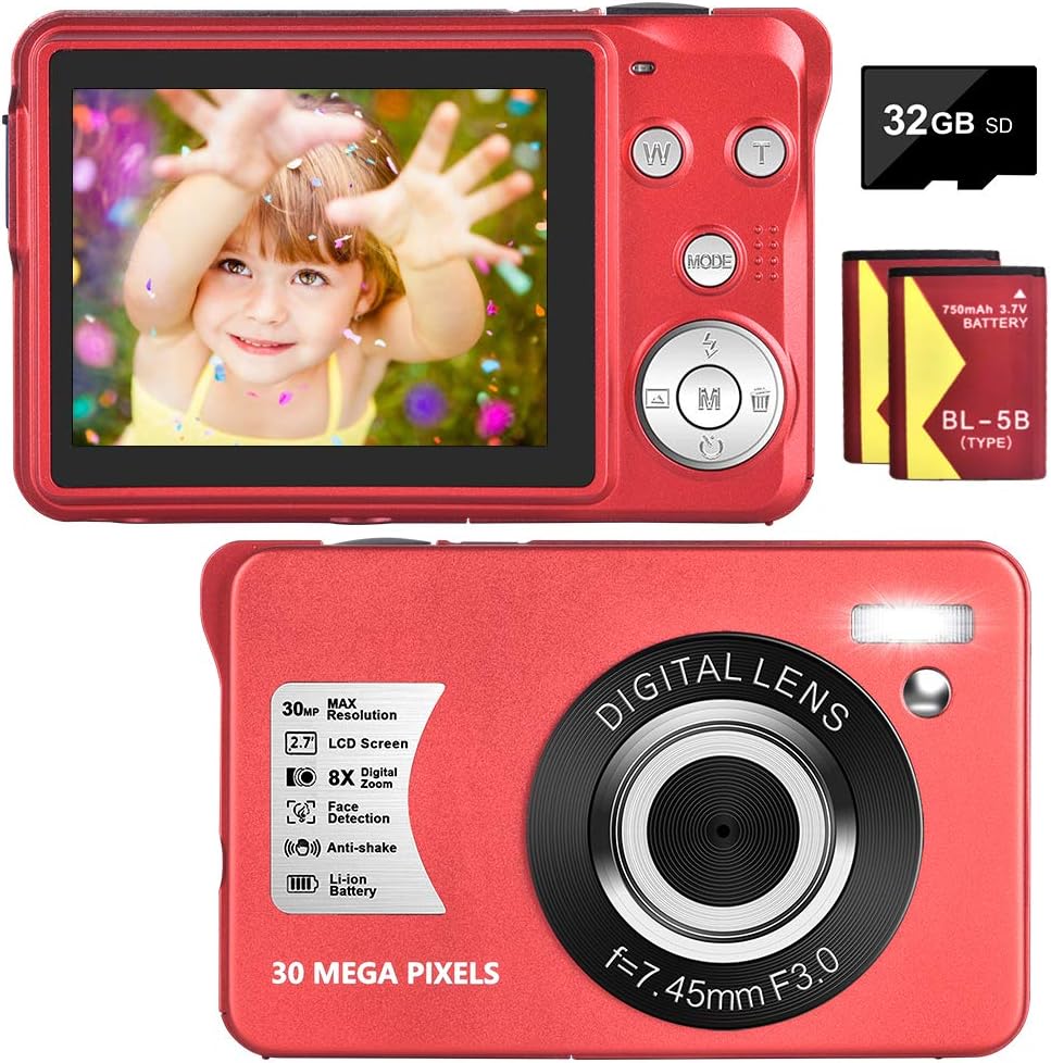 30 MP Digital Camera HD Mini Pocket Camera Cheap Camera 2.7 Inch LCD Screen Camera with 8X Digital Zoom Compact Cameras for Adult, Kids, Beginners with 32GB SD Card and 2 Batteries Pack of 2