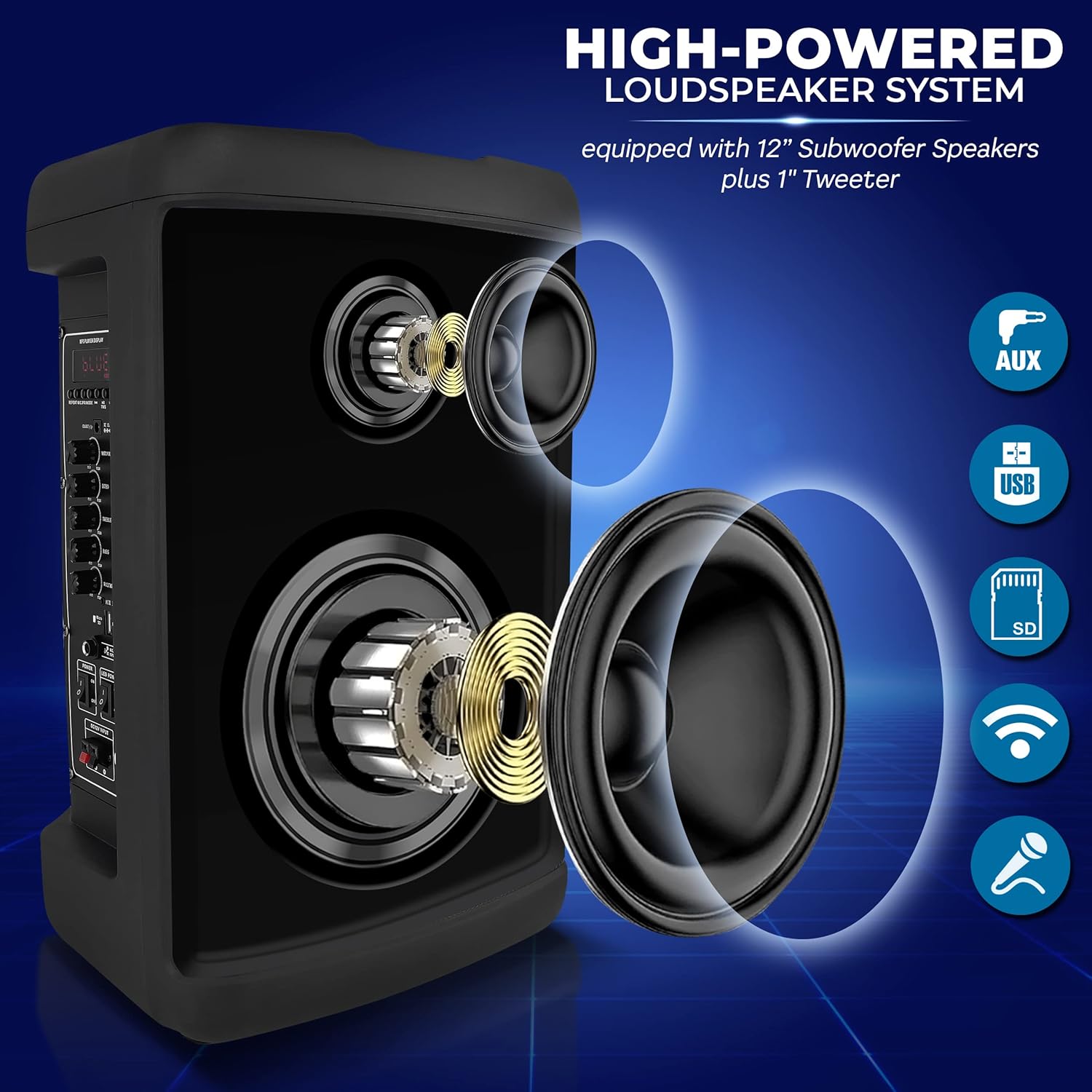Pyle Portable Bluetooth PA Speaker - 500W 15” Rechargeable Outdoor BT Karaoke Audio System - TWS, Party Lights, LED Display, FM/AUX/MP3/USB/SD, 6.5mm in, Carry Handle - Wireless Mic, Remote Control