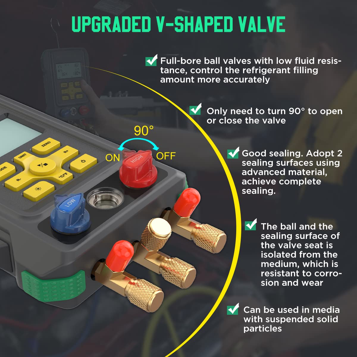 HVAC Gauges 93 Refrigerant Detection Digital Manifold Gauge Set HVAC Pressure&Temp Test HVAC Manifold Upgraded Ball Valve Digital Refrigerant Gauges with 3.5" LCD Display, Refrigerant Hoses,Temp Clips