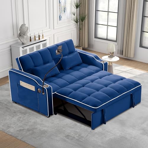 Convertible Sleeper Sofa Bed, 3 in 1 Velvet Pull Out Loveseat Couch Modern Comfy Futon Sofa with Adjustable Backrest & Phone Holder & USB Charging Space Saving for Living Room, Small Apartment, Grey