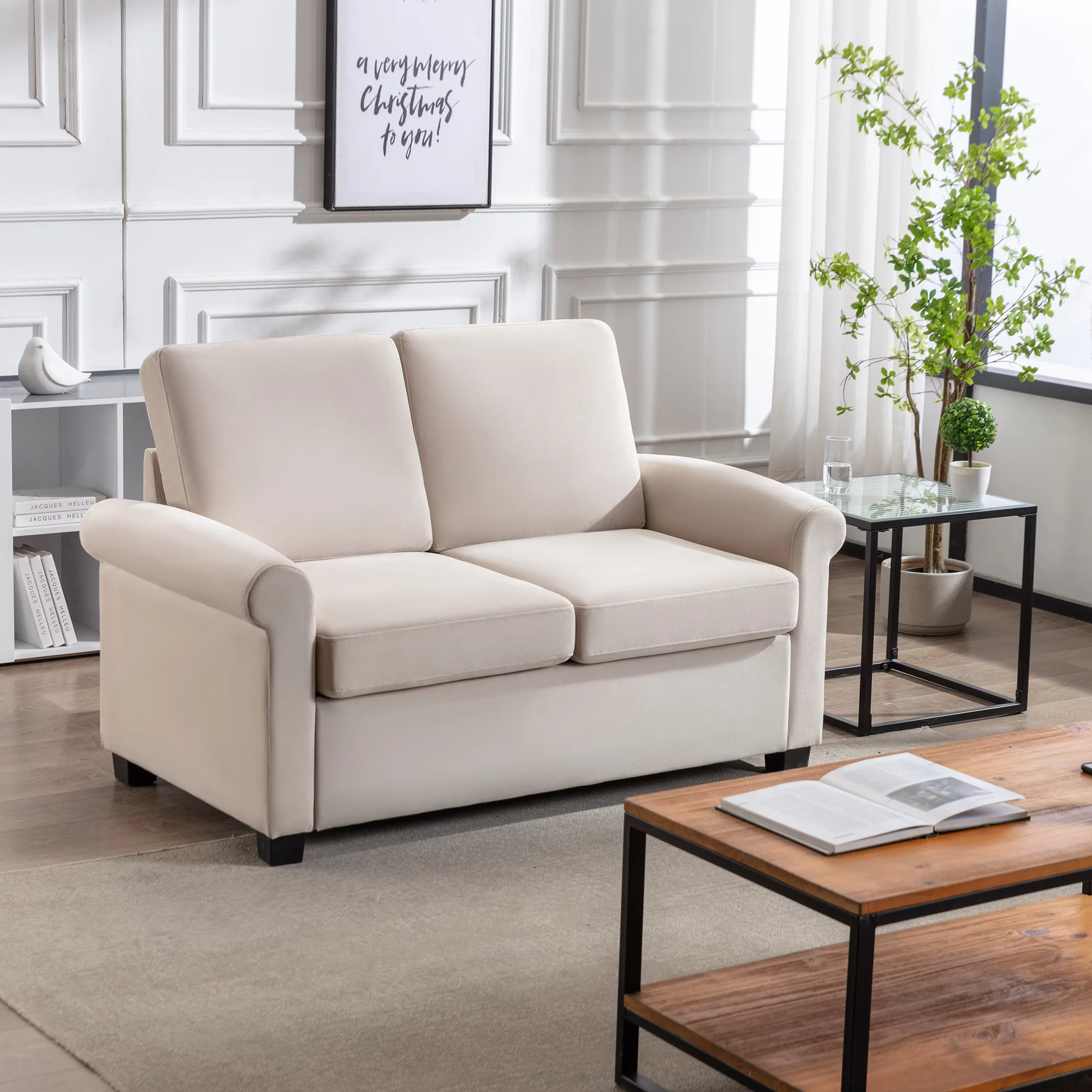 CoSoTower 58.3" Pull Out Sofa Bed,Sleeper Sofa Bed with Premium Twin Size Mattress Pad,2-in-1 Pull Out Couch Bed,Loveseat Sleeper for Living Room,Small Apartment, Beige White