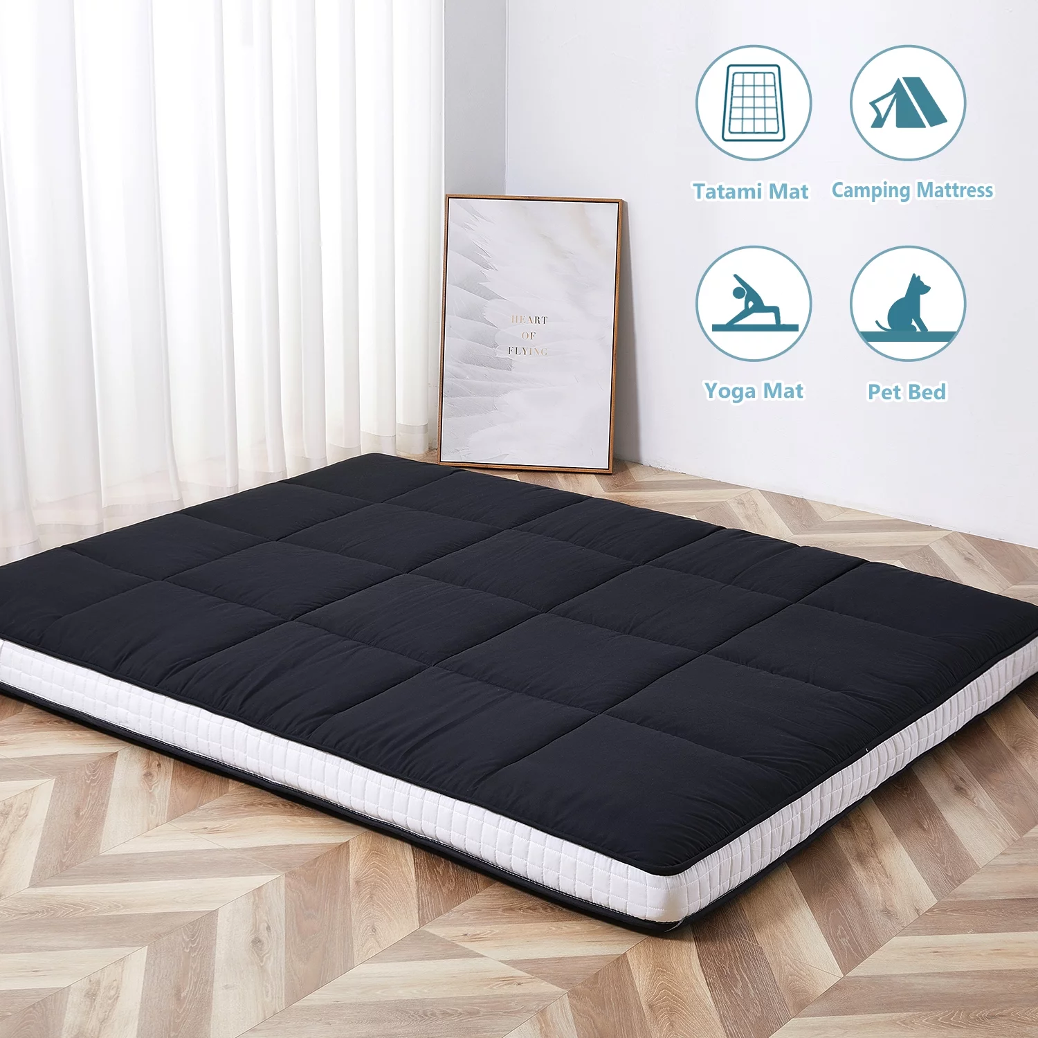 Lilypelle Japanese Floor Mattress Futon Mattress, Thicken Tatami Mat Sleeping Pad Mat Foldable Roll Up Mattress Kids Floor Lounger Bed and Sofas, Queen Size,2PCS