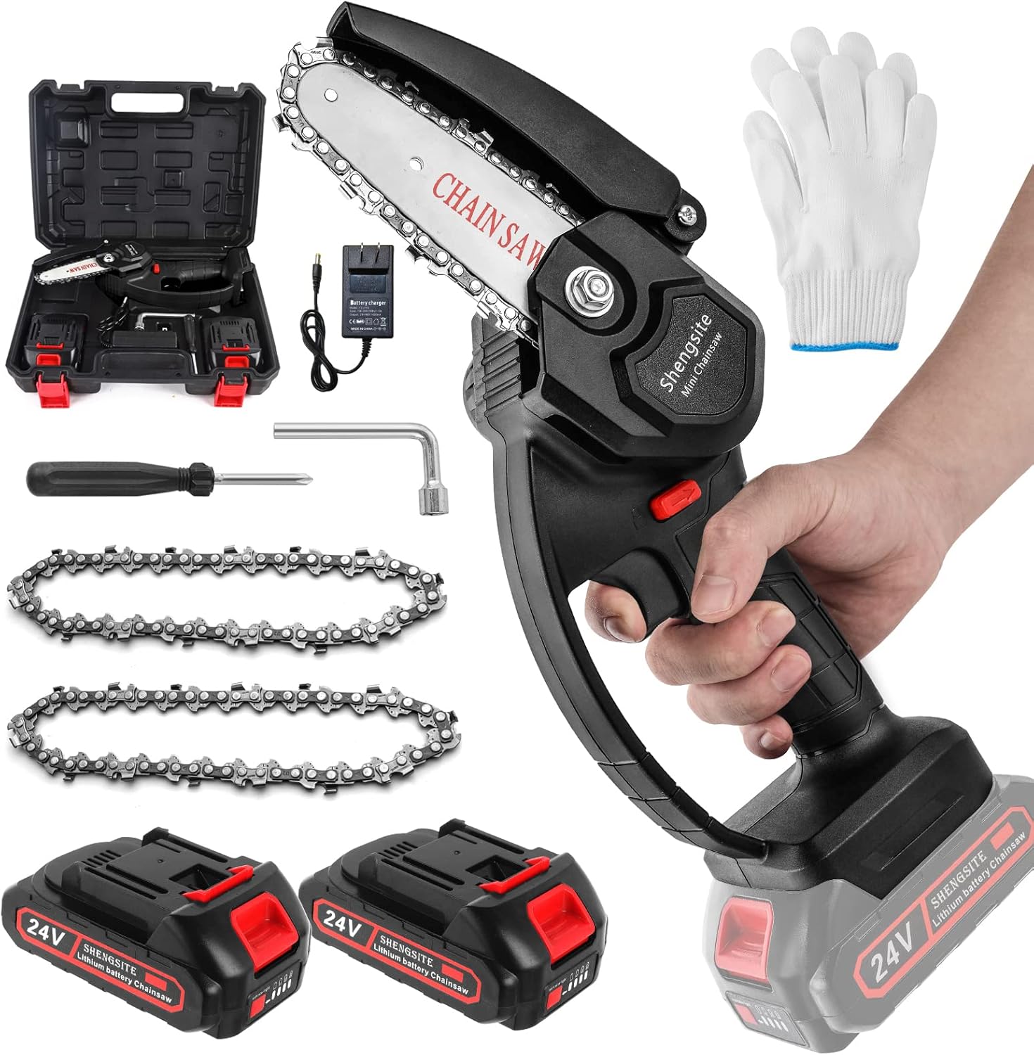 Mini Chainsaw, Shengsite 4-Inch Cordless Chain Saw, 24V Battery Powered Chainsaw with Safety Lock, Portable One-Hand Chain Saw for Gardening Tree Branch Trimming Wood Cutting(2 Batteries, 2 Chains) Pack of 2