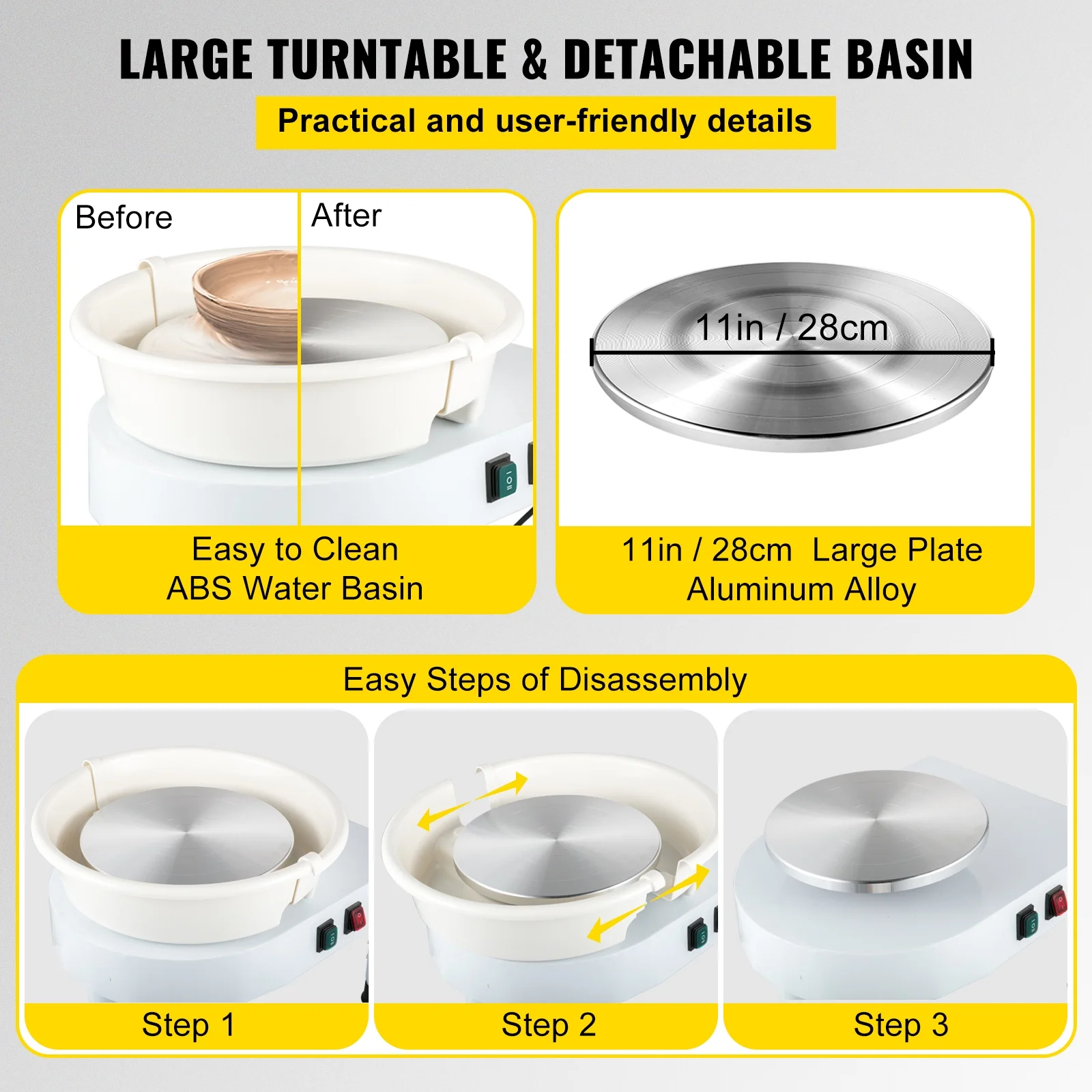 VEVOR Pottery Wheel, 11in Ceramic Wheel Forming Machine, 0-300RPM Speed Manual Adjustable 0-7.8in Lift Leg, Foot Pedal Detachable Basin, Sculpting Tool Accessory Kit for Work Art Craft DIY