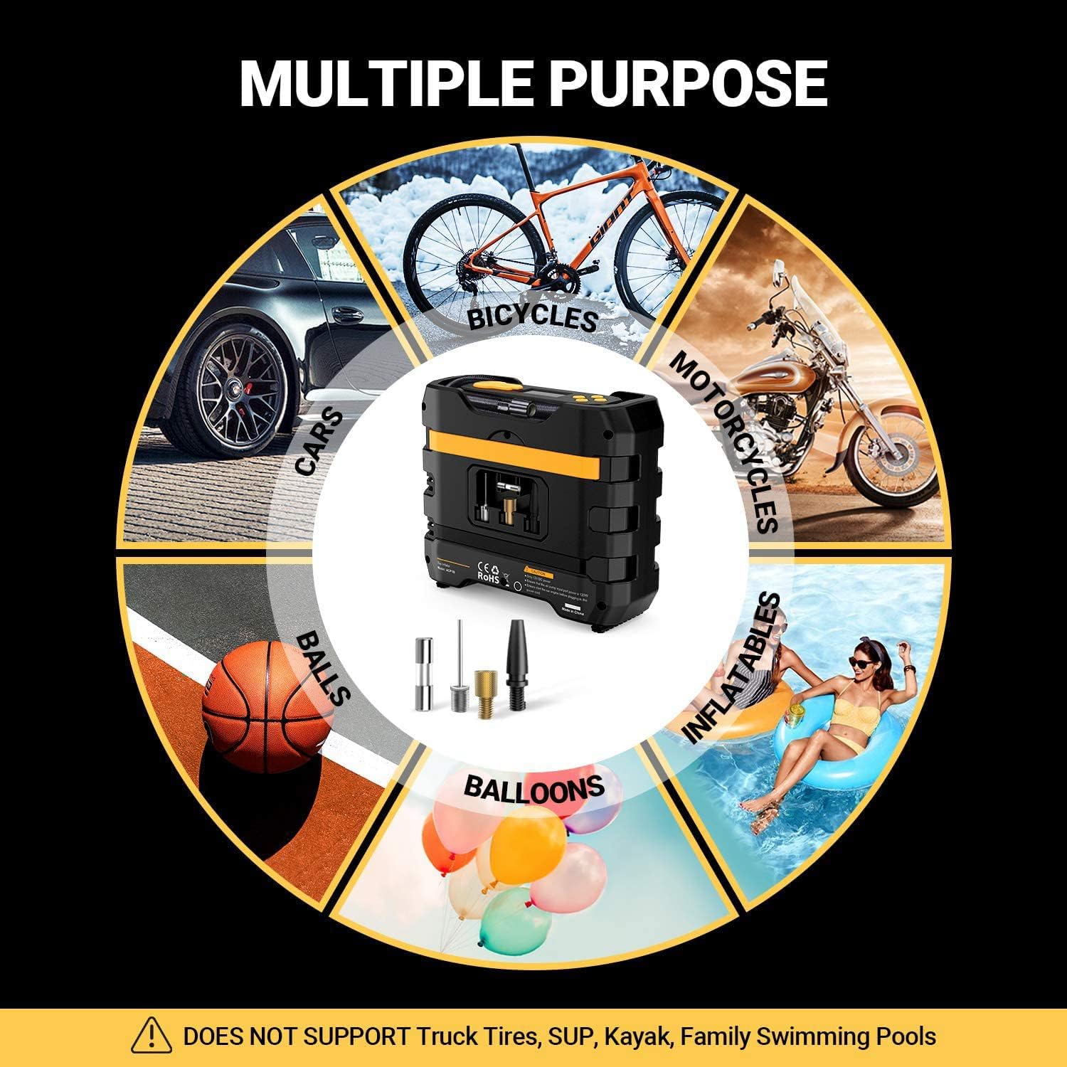 Car Tire Inflator 12V DC Portable Air Compressor with 3 LED Lights | Yellow 2Pcs