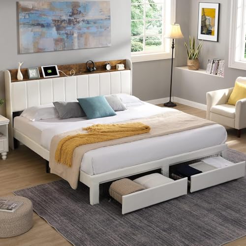 Queen Bed Frame with Headboard & Charging Station, Upholstered Platform Bed Frame with 2 Storage Drawers, Sturdy Wooden Slats Support/No Box Spring Needed/Noise Free/Easy Assembly/White