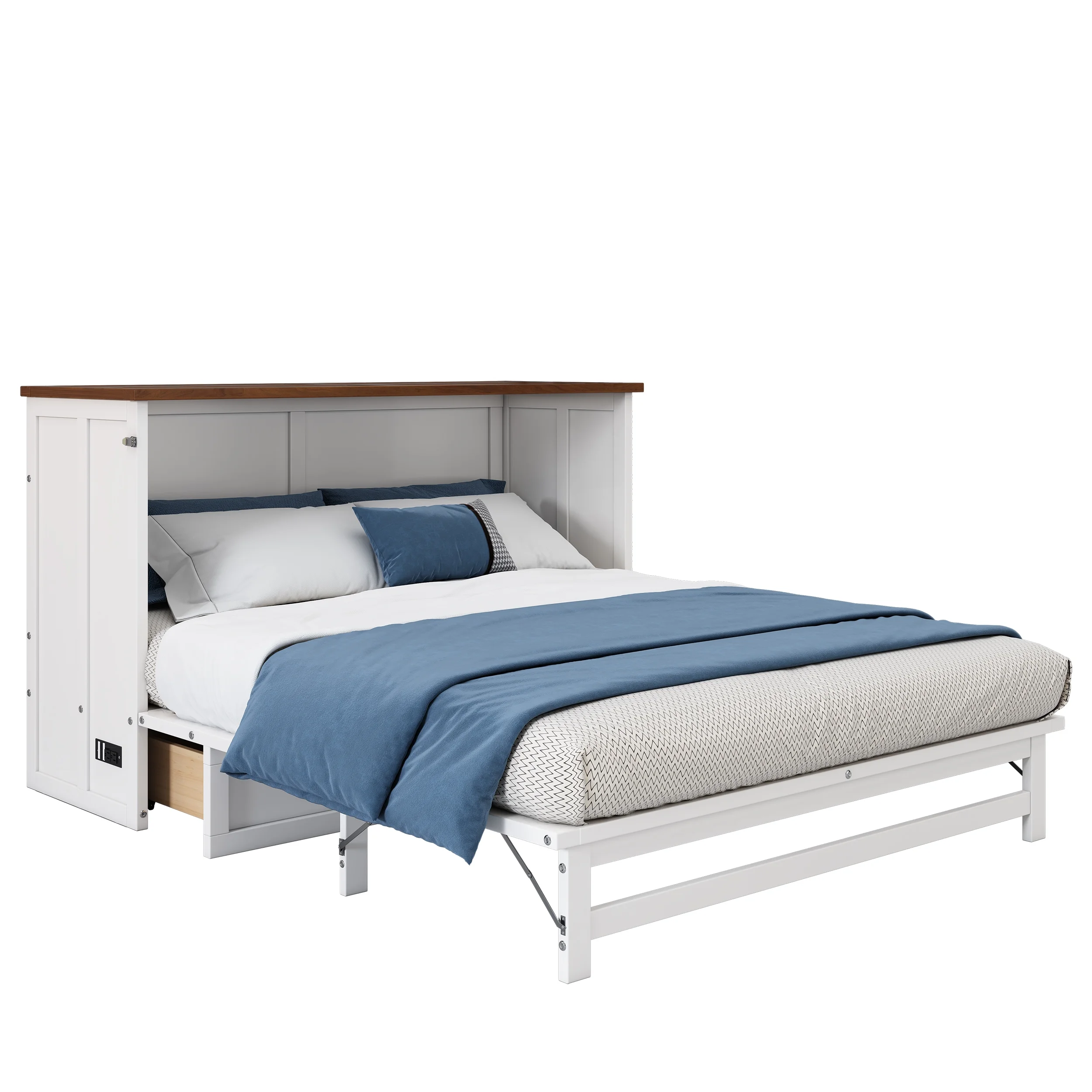 Bellemave Murphy Bed Queen with Storage Drawer, Solid Wood Queen Size Murphy Bed Cabinet with Charging Station, Easy Fold Modern Murphy Beds for Guest Room Home Office (White+Walnut)