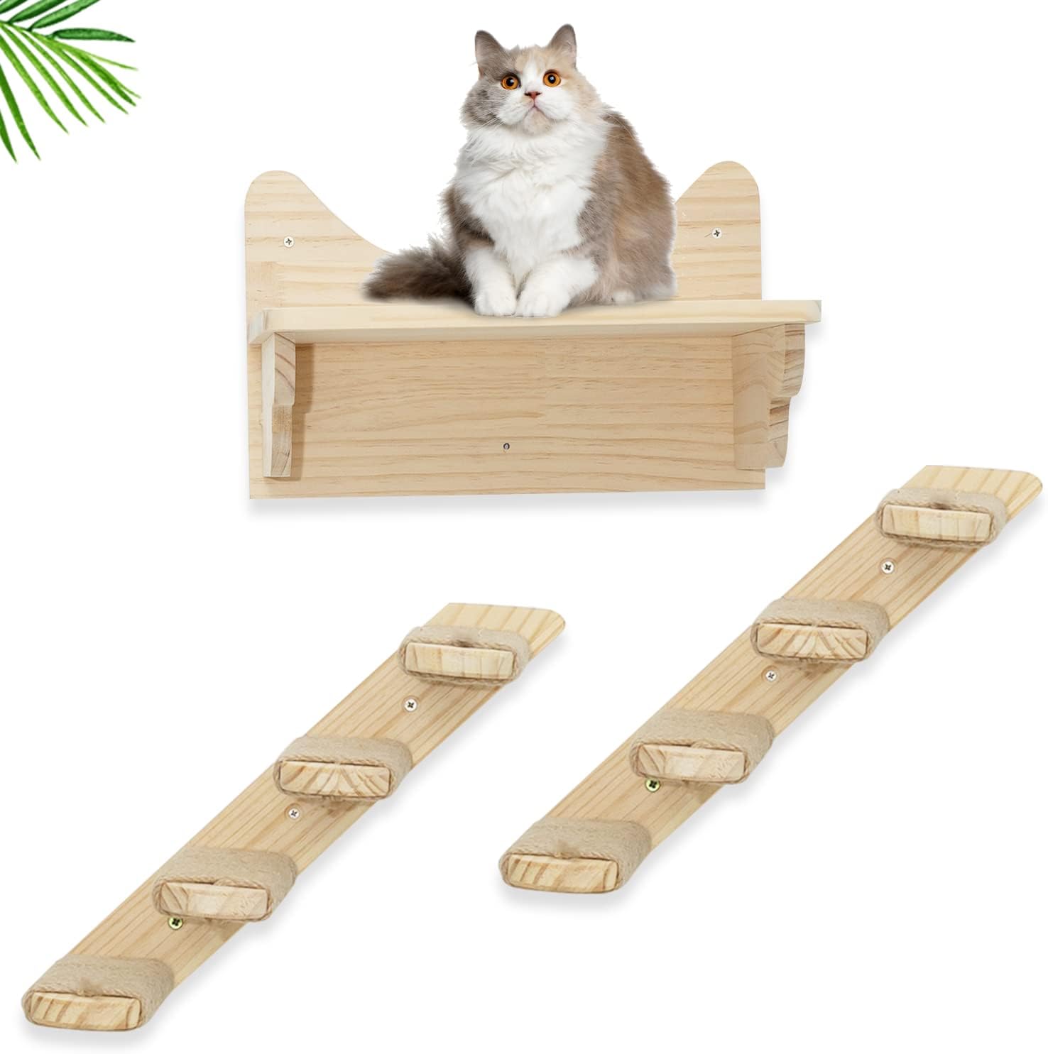 Cat Steps - Wood 2 Cat Stairs & 1 Cat Shelves Great for Scratching and Climbing - Wall Wood Cat Climber Set Easy to Install Wall Mounted