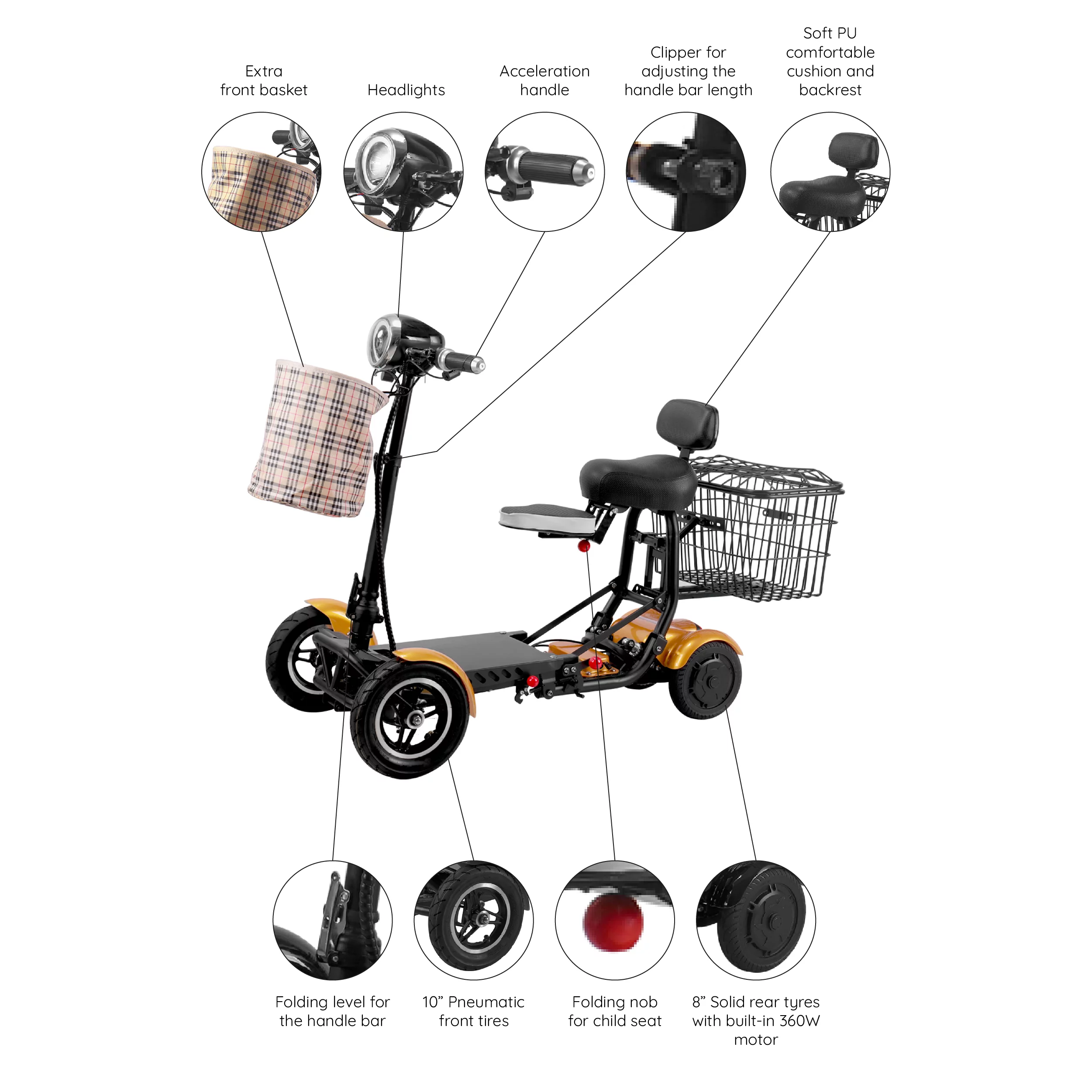Bangeran Electric Mobility Scooter, 4 Wheel Foldable Portable, Up to 12 Miles - Blue