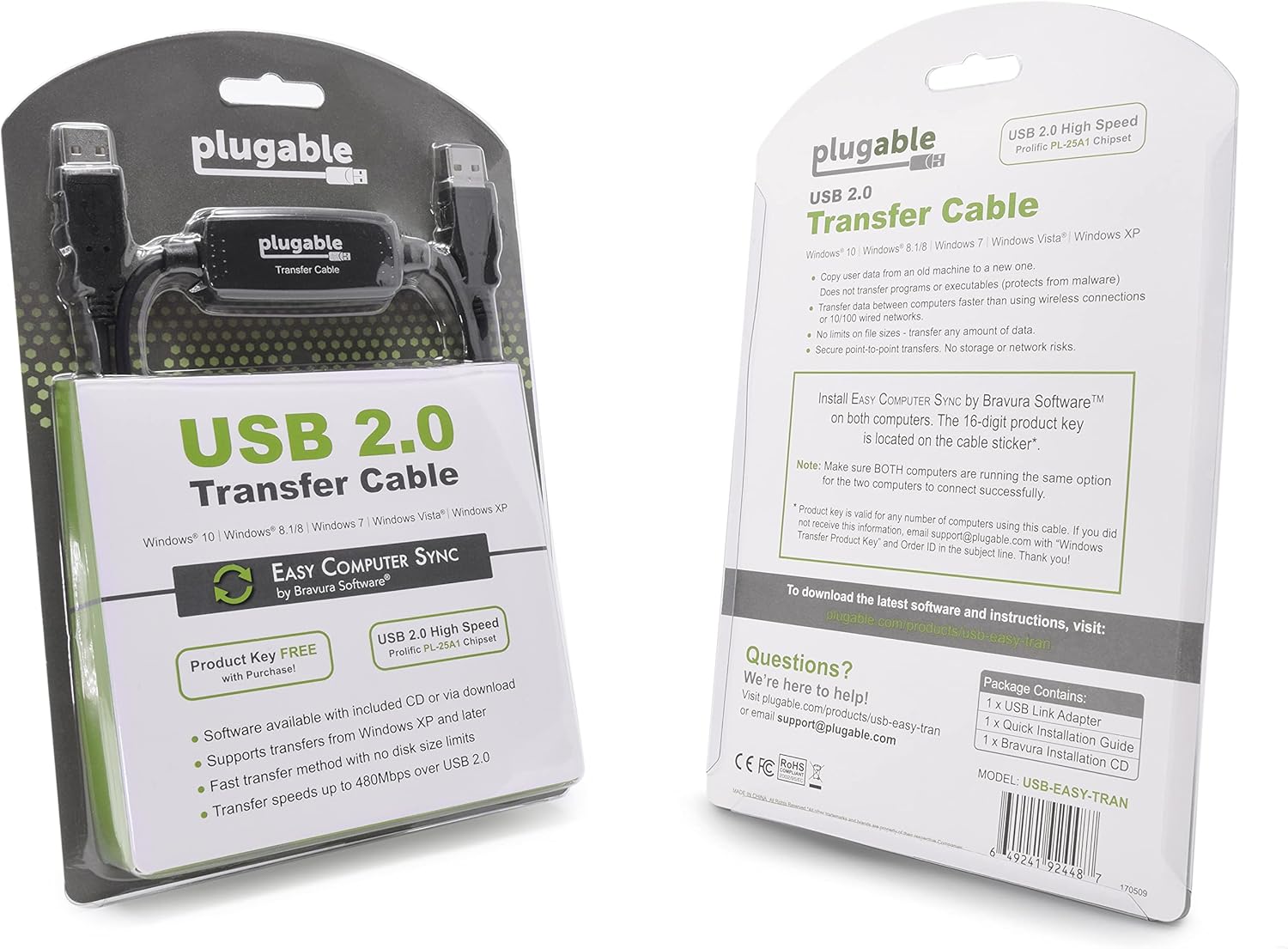 Plugable USB 2.0 Transfer Cable, Unlimited Use, Transfer Data Between 2 Windows PC's, Compatible with Windows 11, 10, 7, XP, Bravura Easy Computer Sync Software Included