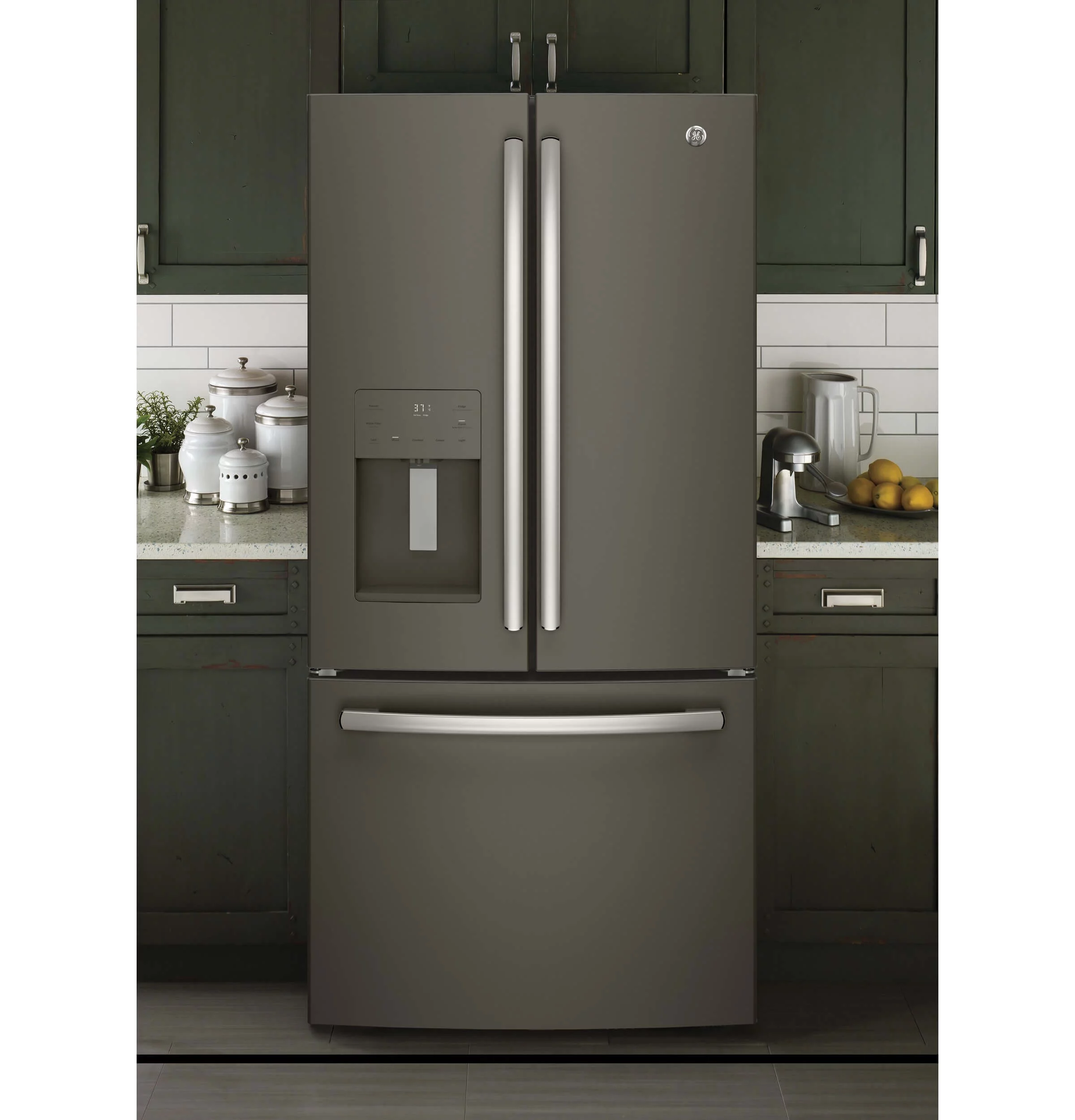 "GE Slate GYE18JMLES 33"""" Counter Depth French Door Refrigerator with 17.5 cu. ft. Capacity"