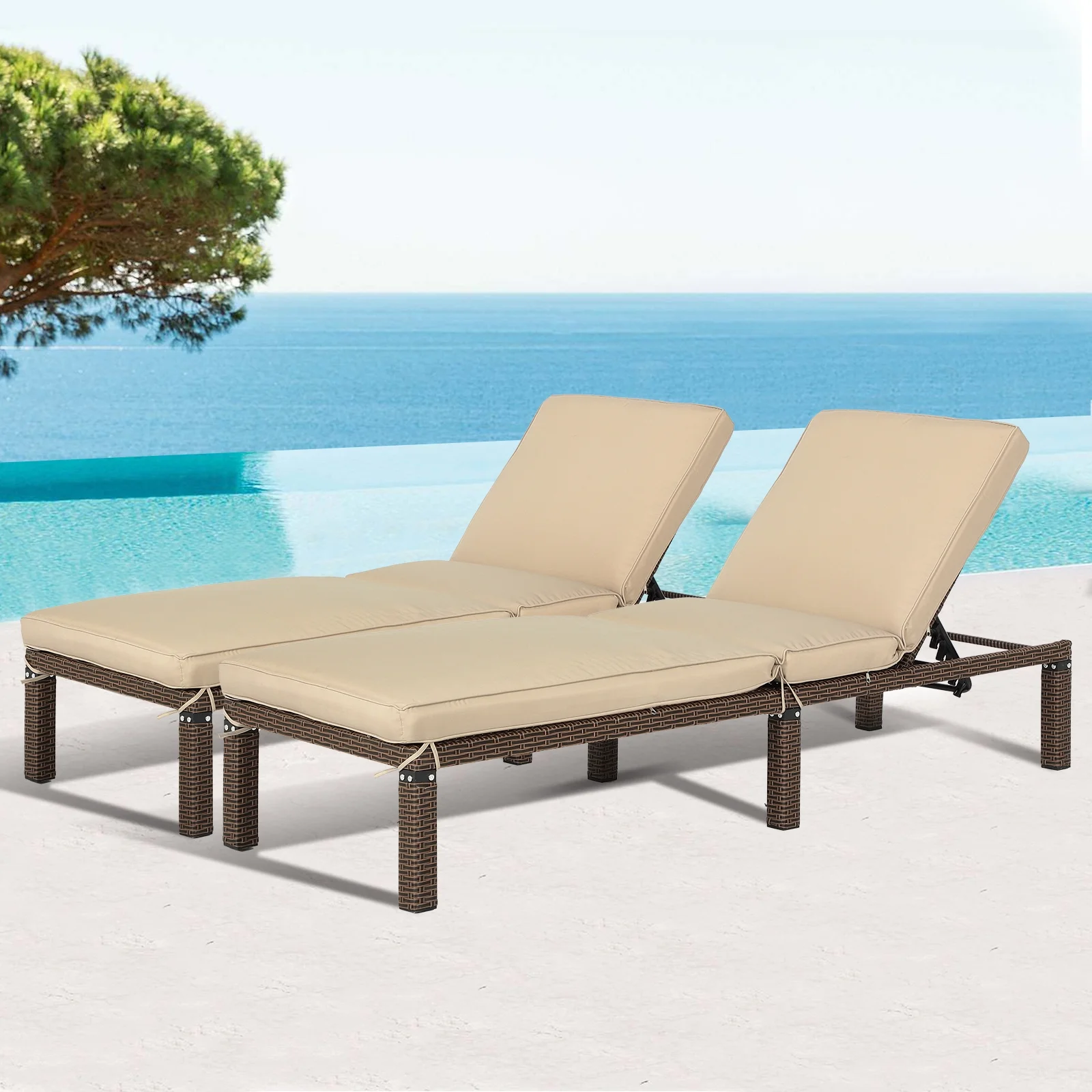 Magic Union Outdoor Rattan Wicker Chaise Lounge Chair with Adjustable Backrest & Cushion, Set of 2-Khaki