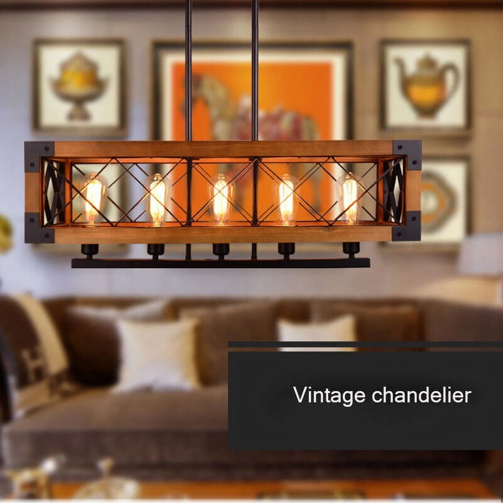 ZhdnBhnos 5-Lights Retro Farmhouse Chandelier Kitchen Island Pendant Light Fixture Wooden Rectangle Hanging Ceiling Lamp