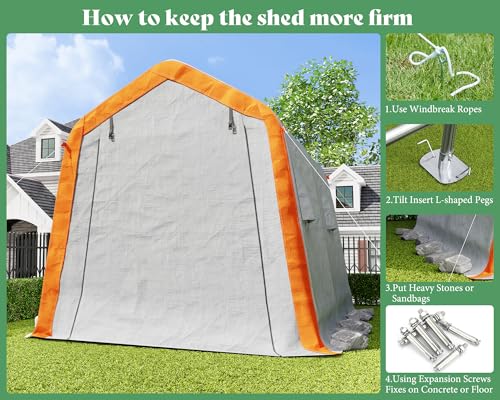 AMERLIFE 10.5x12x8 FT Heavy Duty Portable Shed Storage Shelter, Outdoor Storage Shed with 4 Waterproof Windows & Roll-up Zipper Door, Carport for Motorcycle, Bike, Grey