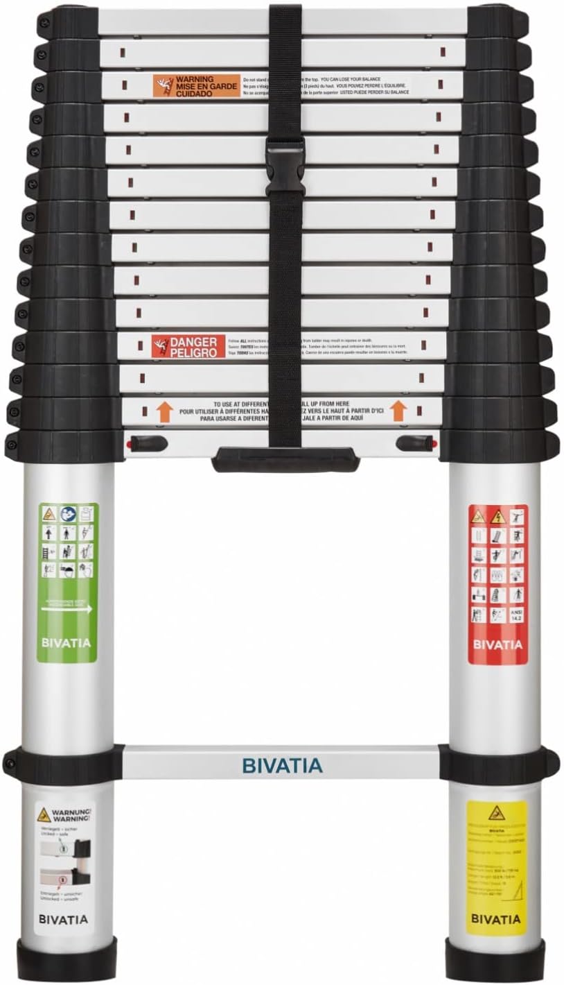 Bivatia 15 Ft Smartsafe Aluminum Telescoping Ladder: Telescopic Extension Ladder Retraction Collapsible Ladder Portable Folding Lightweight Ladder Type 1A with 18.3 ft. Max Reach