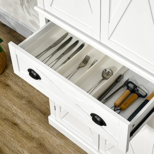 HOMCOM 72" Kitchen Pantry Storage Cabinet, Traditional Freestanding Cupboard with 4 Doors and 3 Adjustable Shelves, Large Central Drawer, X-Frame, White