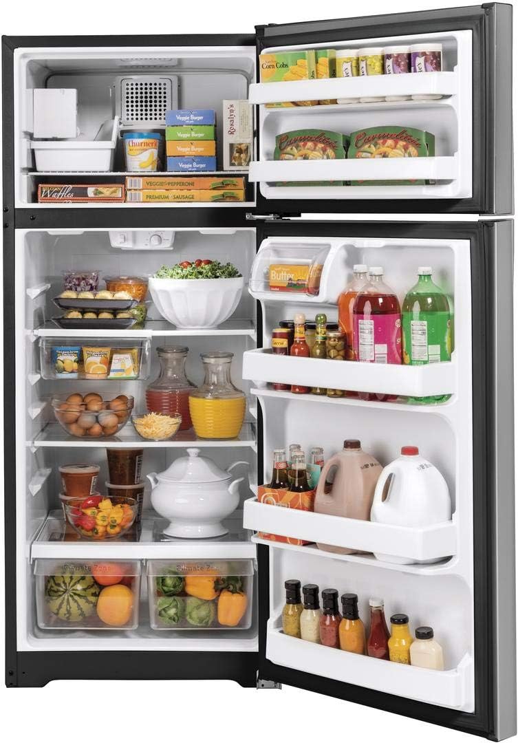 GE GIE18GSNRSS 28" Energy Star Top Freezer Refrigerator with 17.52 cu. ft. Capacity LED Lighting Edge-to-Edge Glass Shelves Sliding Deli Drawer and Upfront Temperature Controls in Stainless Steel