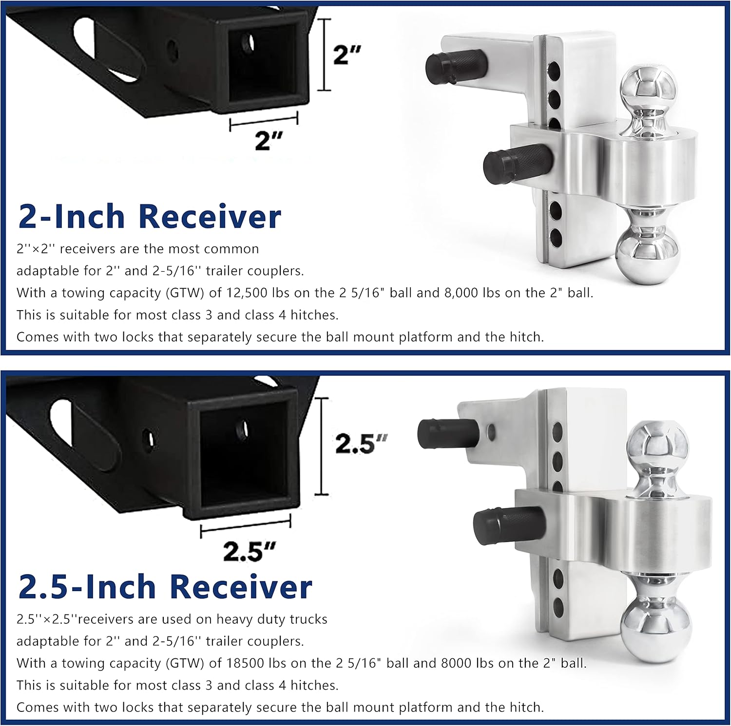 SZAUTO Adjustable Trailer Hitch Ball Mount w/Forged Aluminum Shank Fits 2.5-Inch Receiver, 2inch & 2-5/16inch Combo Tow Balls with Double Pins and Locks 2.5inch SHANK,6 Inch DROP