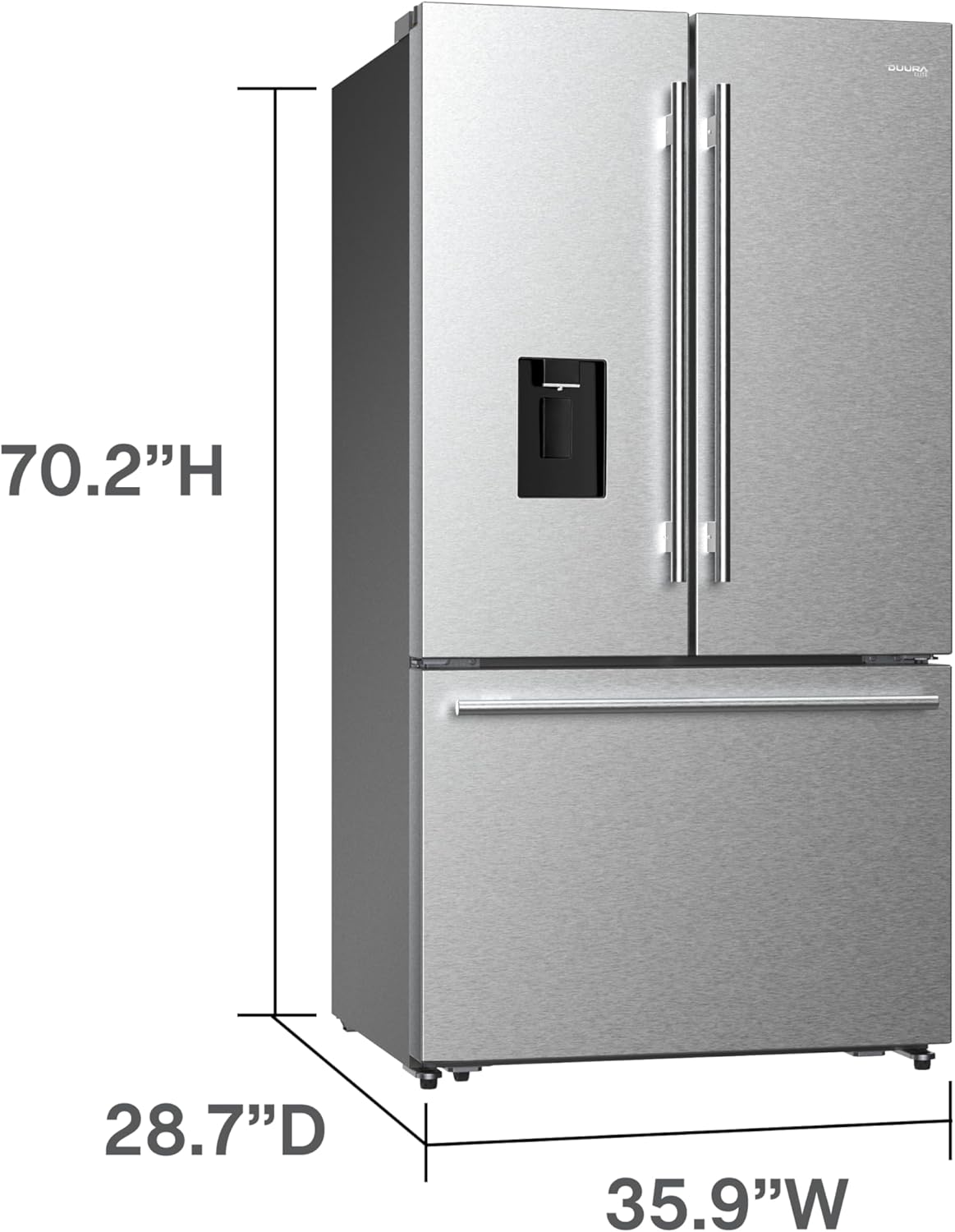 DE210FDBMDSS Refrigerator Built in with French Doors Adjustable Glass Shelves Dual Drawer Bottom Freezer with Ice Maker, LED Interior Light and Stainless Steel Exterior, 36-Inch, Metallic