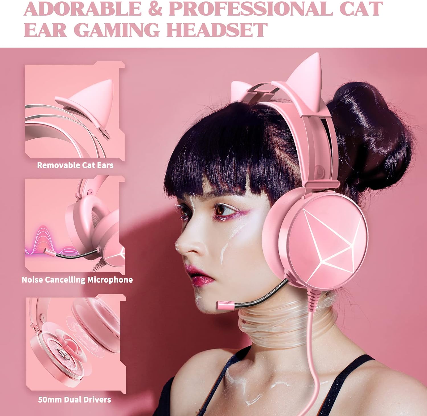 Pink Keyboard and Mouse, Cat Ear Headset & Mouse Pad(35x15 in) Combo, RGB Gaming Mice with 6400DPI, Gaming Headphones with Noise Cancelling Mic for Gamer/Live Streamer, Rainbow Backlit Keyboard