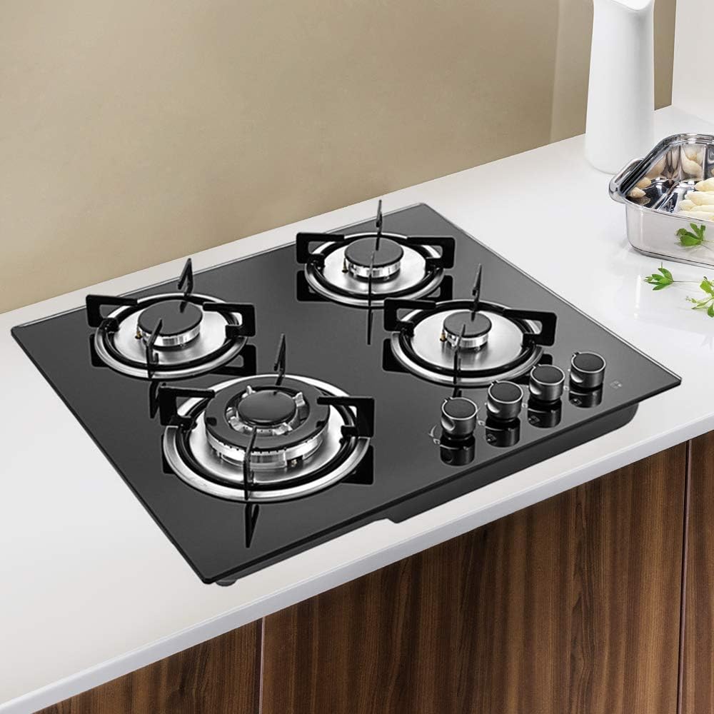 Gas Stove Cooktop 23x20 Inches Built in Gas Cooktop with 4 Burners, Portable Black Tempered Glass Stove Burner Cast Iron with NG/LPG Conversion Kit for RVs,Apartments,Outdoor,Black