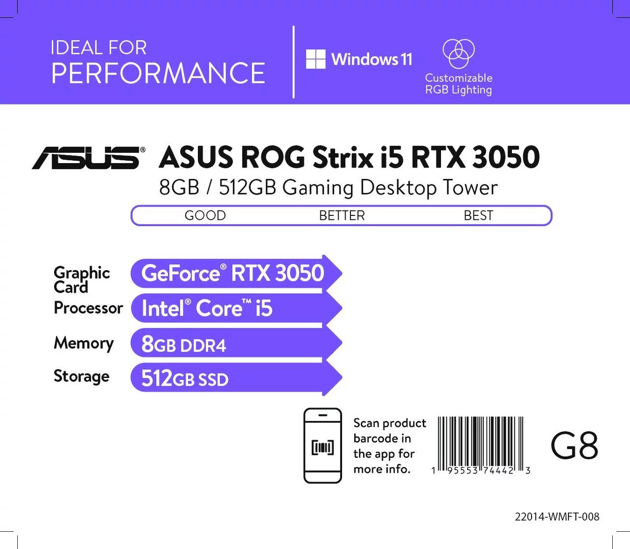 ASUS ROG Strix i5 3050 Desktop; ASUS ROG Strix Intel Core i5-11400F, NVIDIA GeForce RTX 3050 Graphics, 8GB RAM, 512GB SSD, Gray, Windows 11 Home, G10CE-WB553