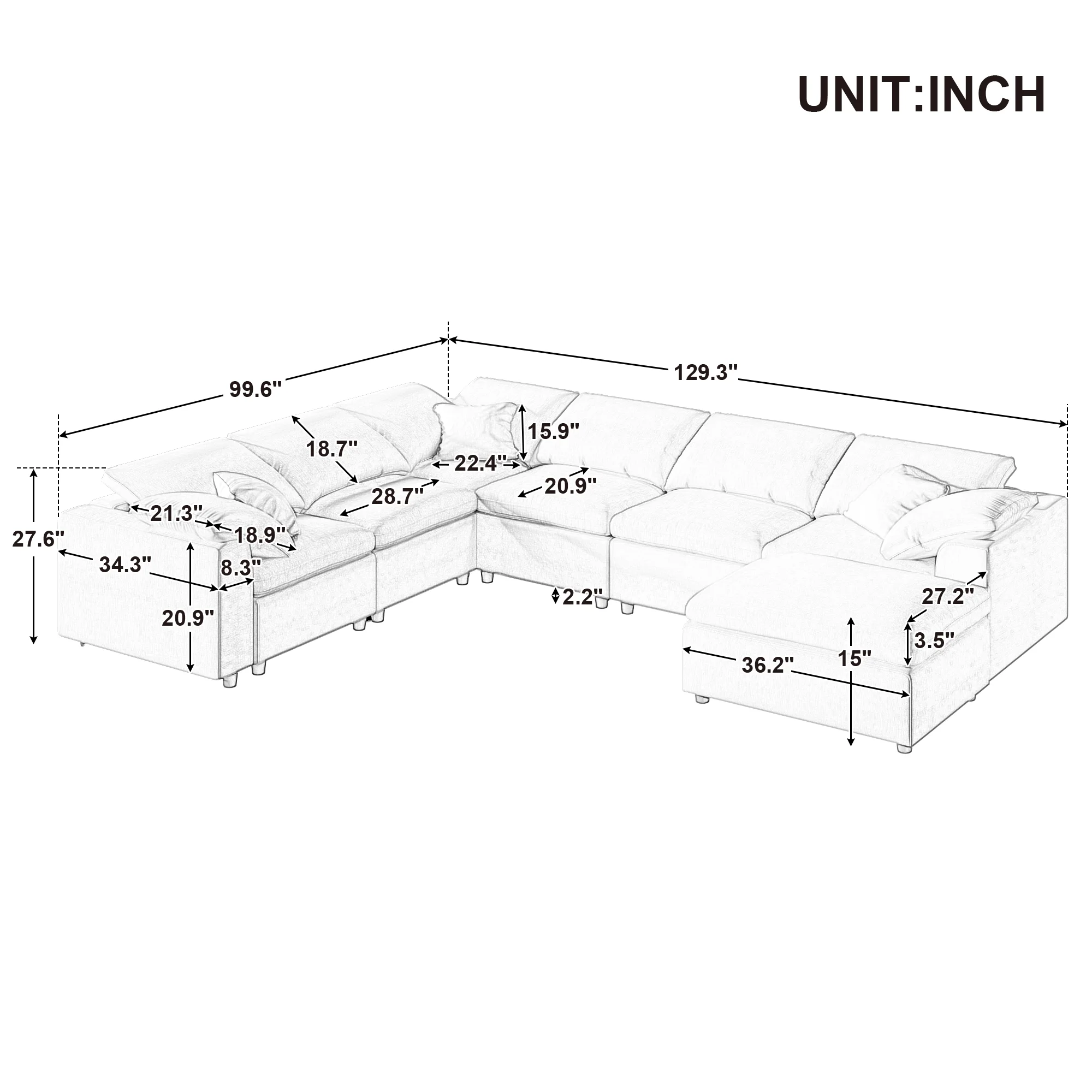EUROCO 130" 7-Seater Oversized Modular Couches and Sofas Sectional with Ottoman,Sectional Sofa U/L Shaped Chenille Sectional Couch for Living Room, Office, Spacious Space