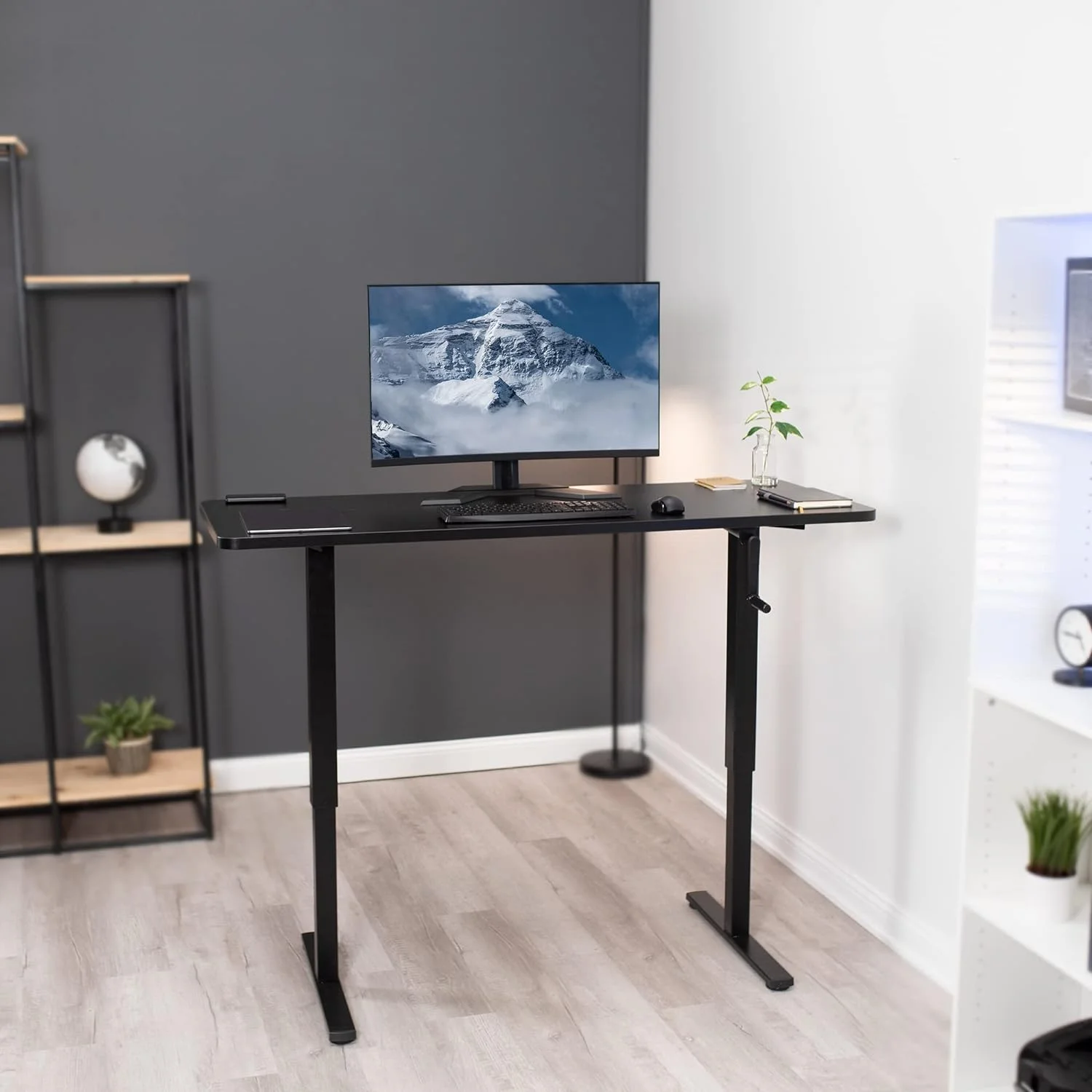 Manual Height Adjustable 60 X 24 Inch Stand Up Desk, Dark Walnut Solid One-Piece Table Top, Black Frame, Standing Workstation With Foldable Handle, DESK-KIT-MB6D