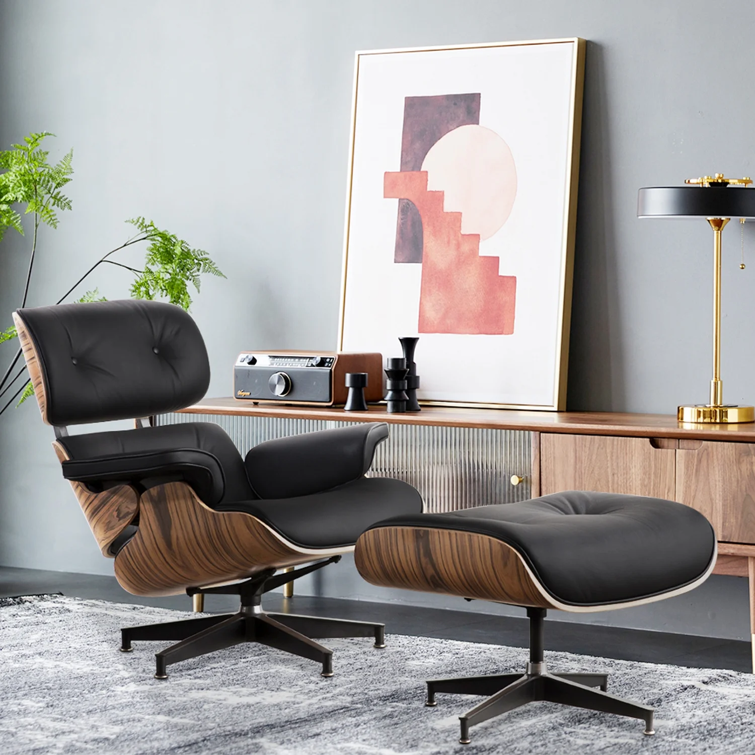 HomeRoots 526374 33 x 34.6 x 34.2 in. Black Tufted Leather & Brown Swivel Lounge Chair with Ottoman