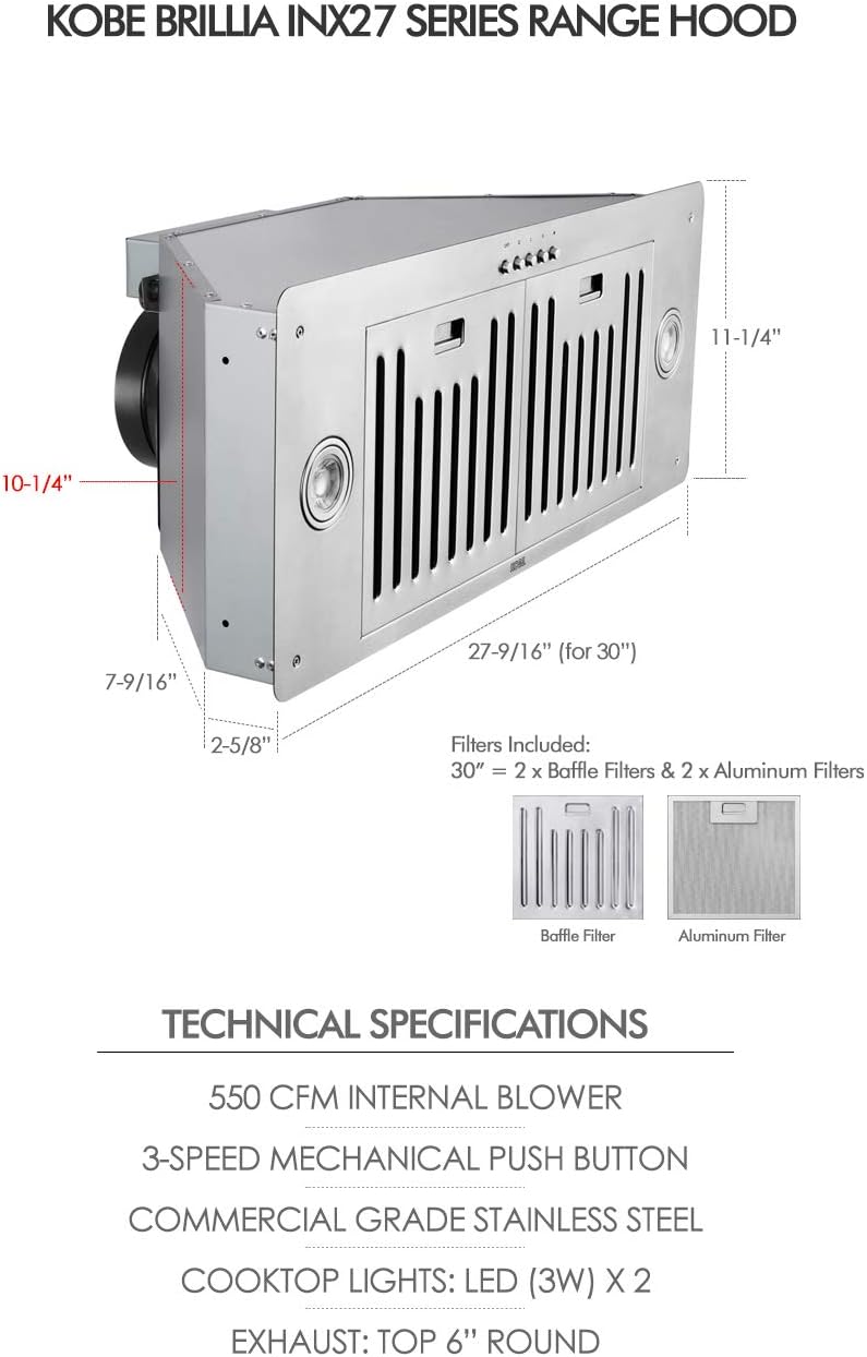 KOBE INX2730SQB-700-2 Brillia 30-inch Built-in/ Insert Range Hood, 3-Speed, 550 CFM, LED Lights, Baffle Filters, Stainless Steel