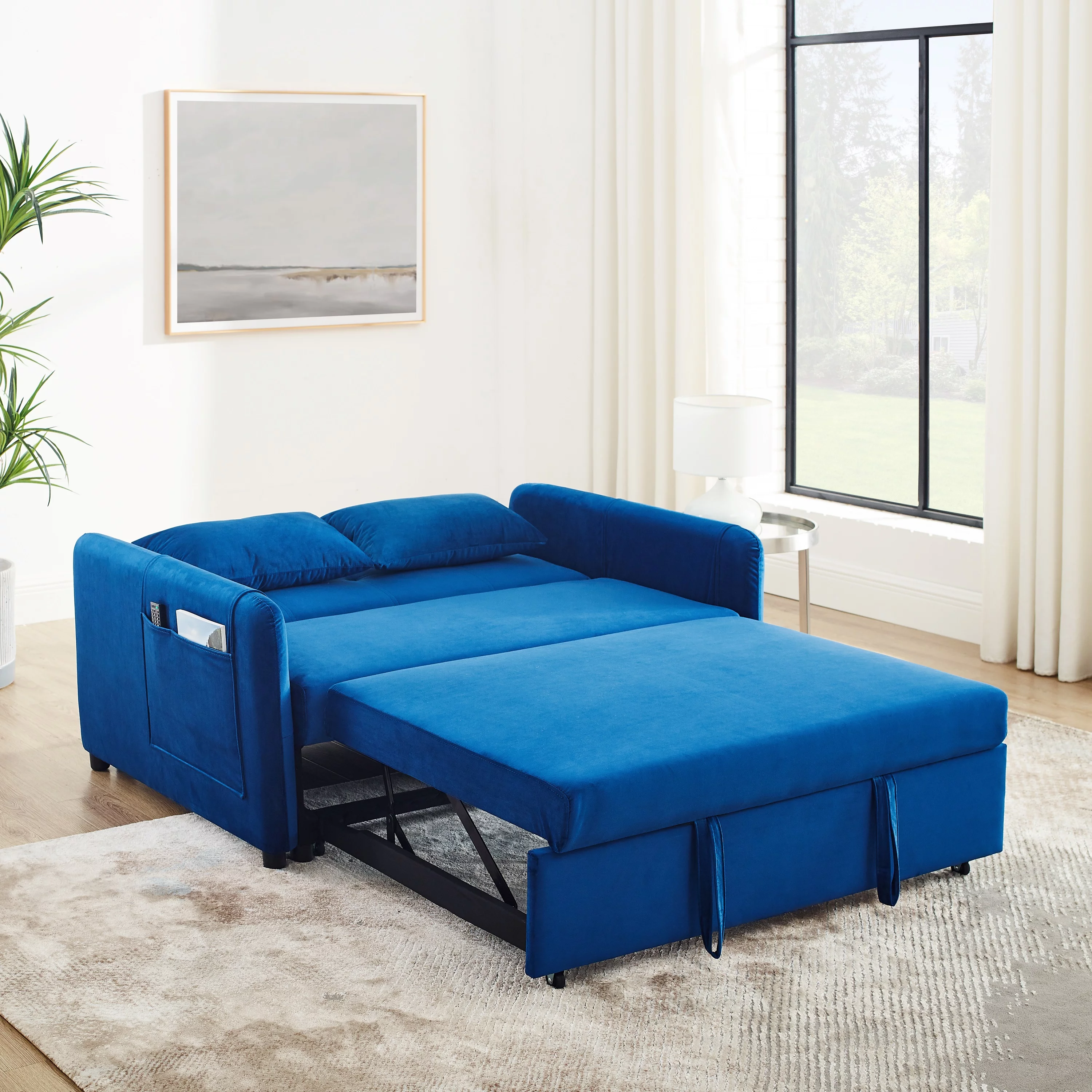Modern Velvet Pull Out Convertible Sleeper Sofa Bed, Folding Loveseat Futon Couch with Adjustable Backrest Lumbar Pillows for Living Room Bedroom Office - Curated Treasures Market