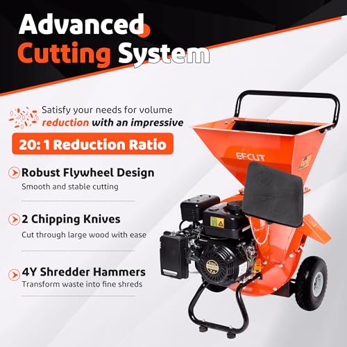 3 in 1 Wood Chipper Shredder Mulcher, 7 HP 212cc Heavy Duty Gas Powered, 3" Inch Max Wood Diameter Capacity, 2 Hoppers Multi-Function with Large Cutting Disc, Included Debris Bag