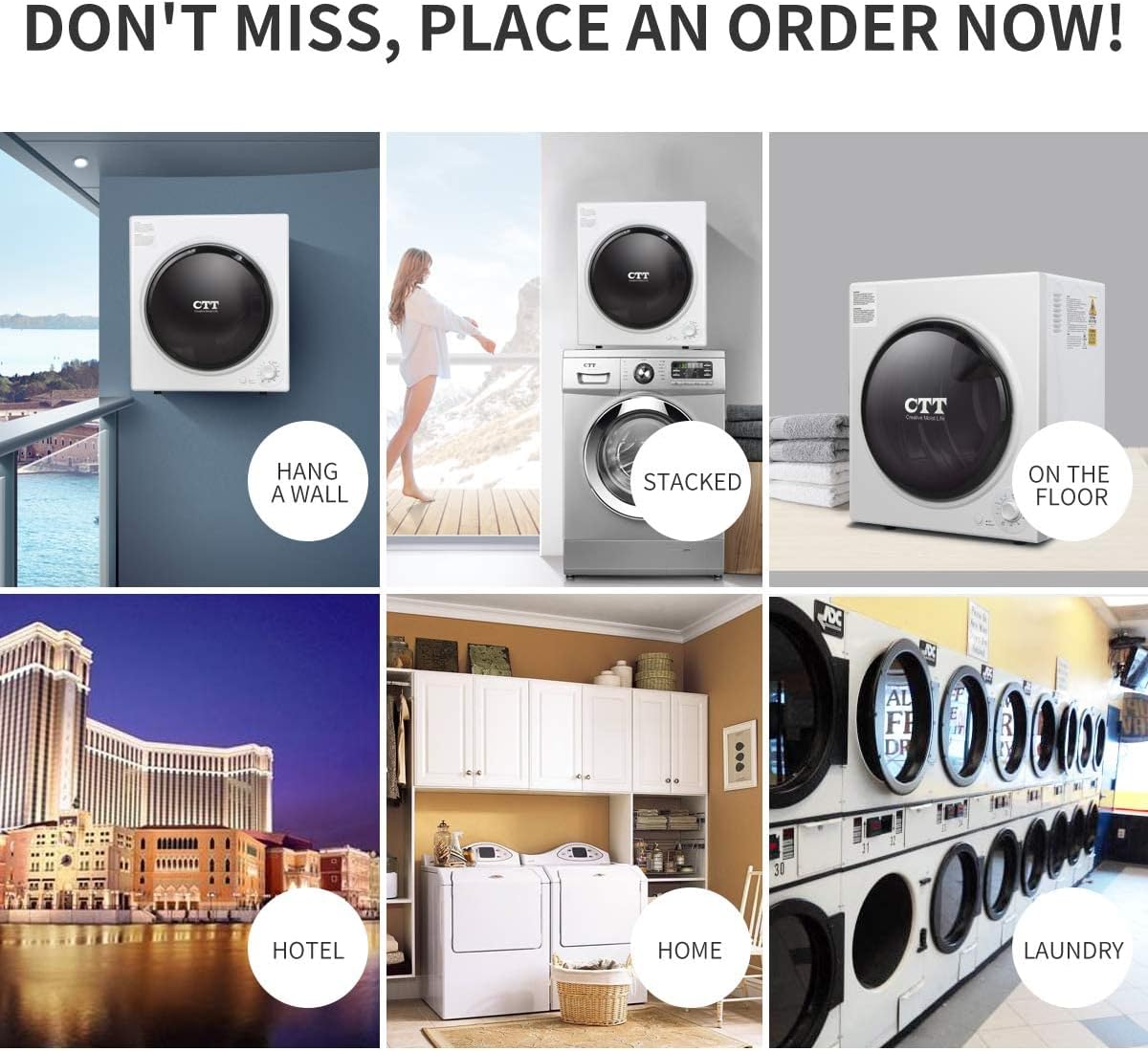 Compact Laundry Dryer, 3.5 Cu. Ft. 1500W Electric Portable Clothes Dryer with Stainless Steel Tub, Control Panel Downside Easy Control for 4 Automatic Drying Mode, White