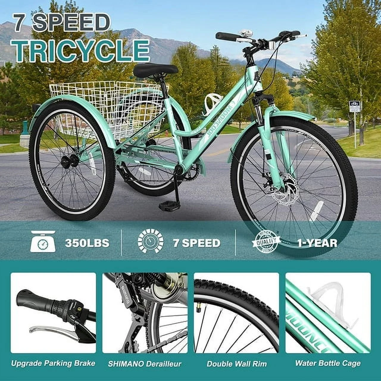 Lilypelle Adult Mountain Tricycle 24/26/27.5 Inch Low step through Mountain Bike Cruiser Trikes for Adults 7 Speed Three Wheel Trike Bike Bicycle with Large Basket
