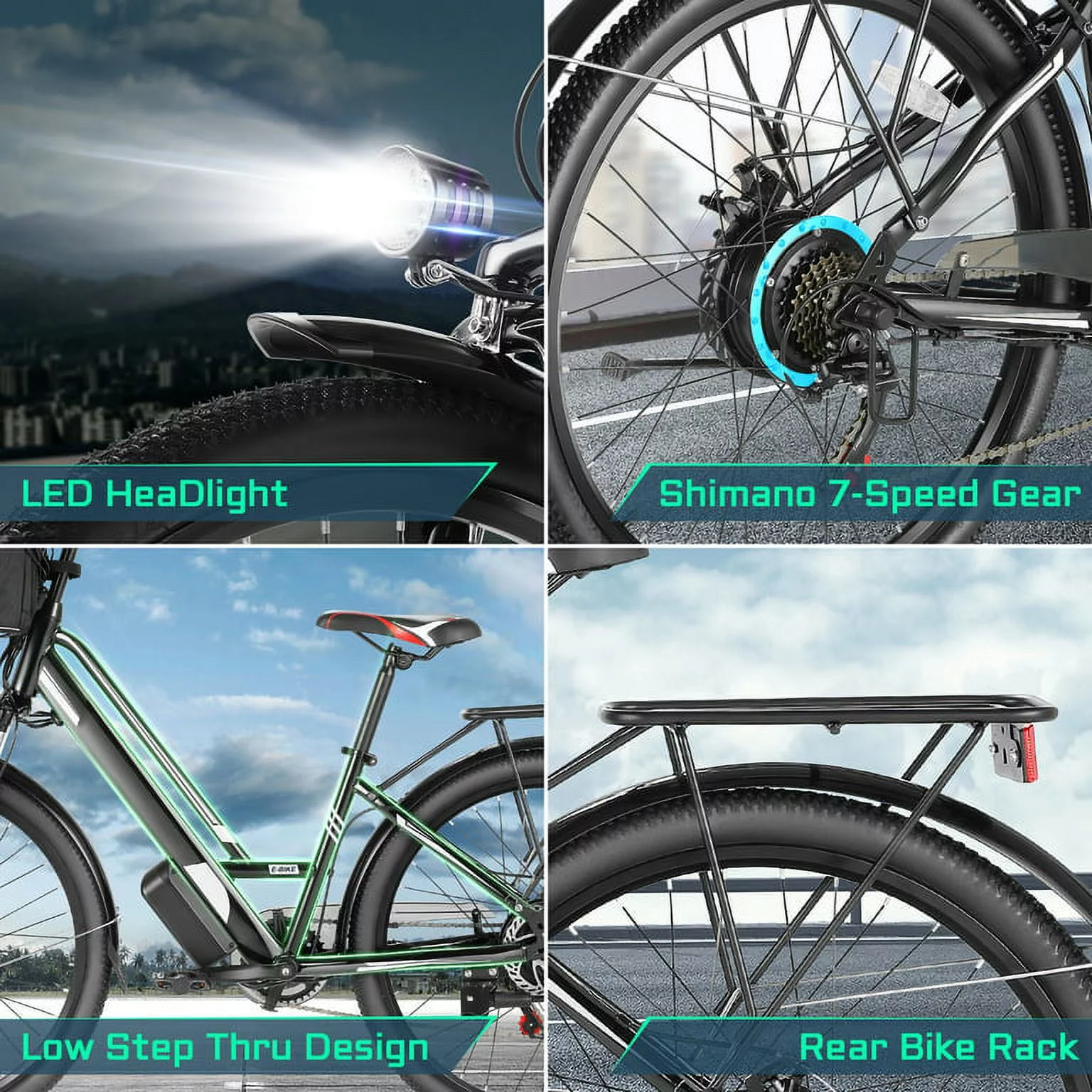 Gocio 500W 26'' Electric Bike 48V Electric Bicycle for Adults, 19MPH Cruiser Ebike, Electric Commuter Bike with Carrier Rack, Low Step Frame Shimano 7 Speed for Men Women Senior