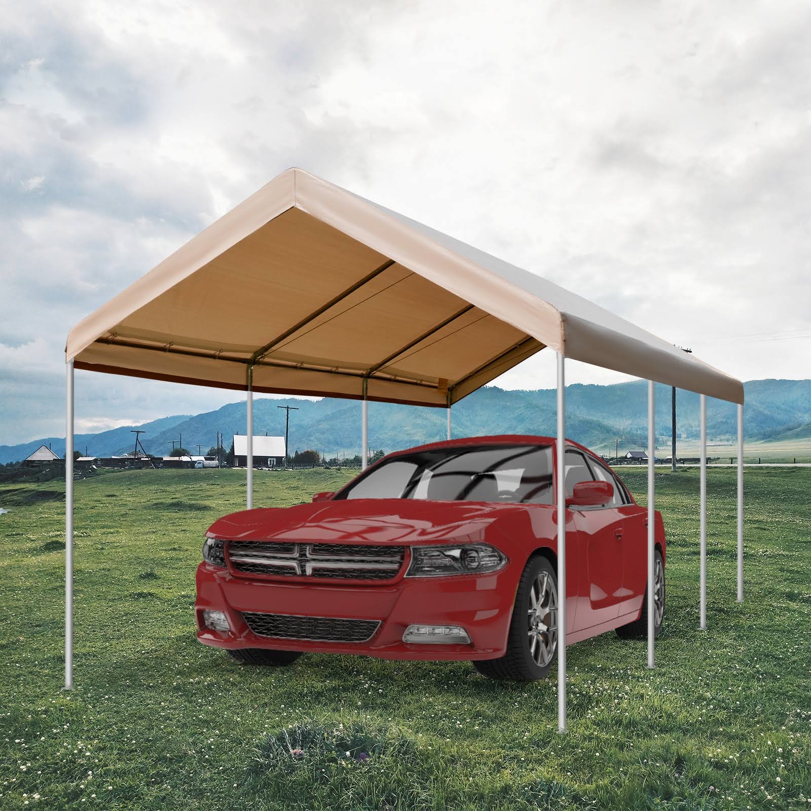 Outsunny 20' L x 10' W Heavy Duty Outdoor Carport Awning/Canopy with Weather-Fighting Material & Anchor Kit - Brown