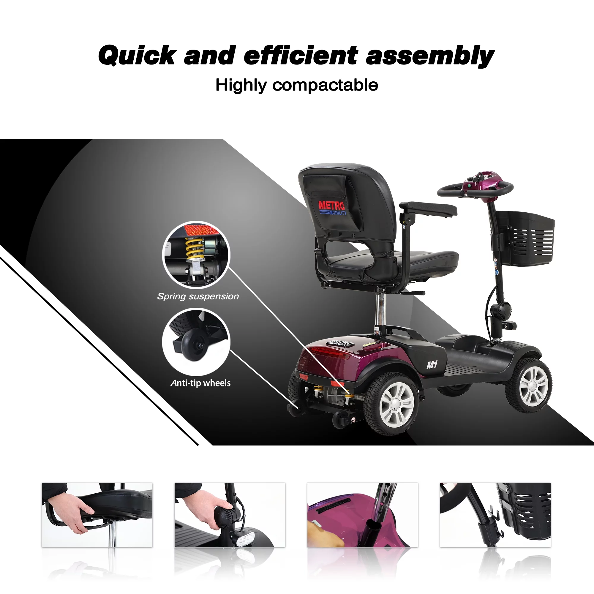 Travel Mobility Scooter, Heavy Duty Electric Scooters with 4 Anti-Tip Wheels, Compact Lightweight Mobility Scooters for Senior Adults Elderly, Foldable Mobility Scooter, Holds 300lbs, Purple