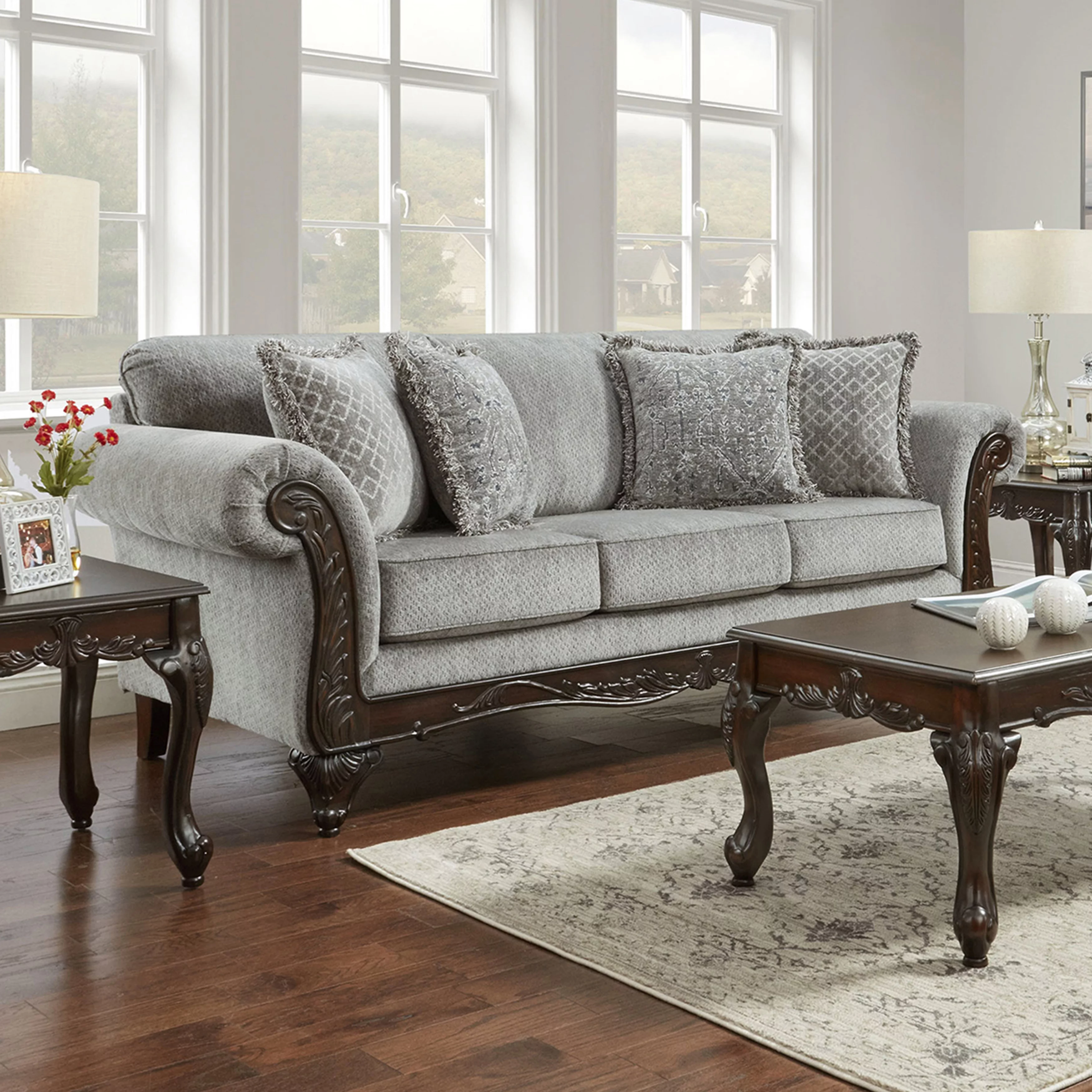 Roundhill Furniture Hernen Carved Wood Frame Polyester Sofa and Loveseat Set, Gray