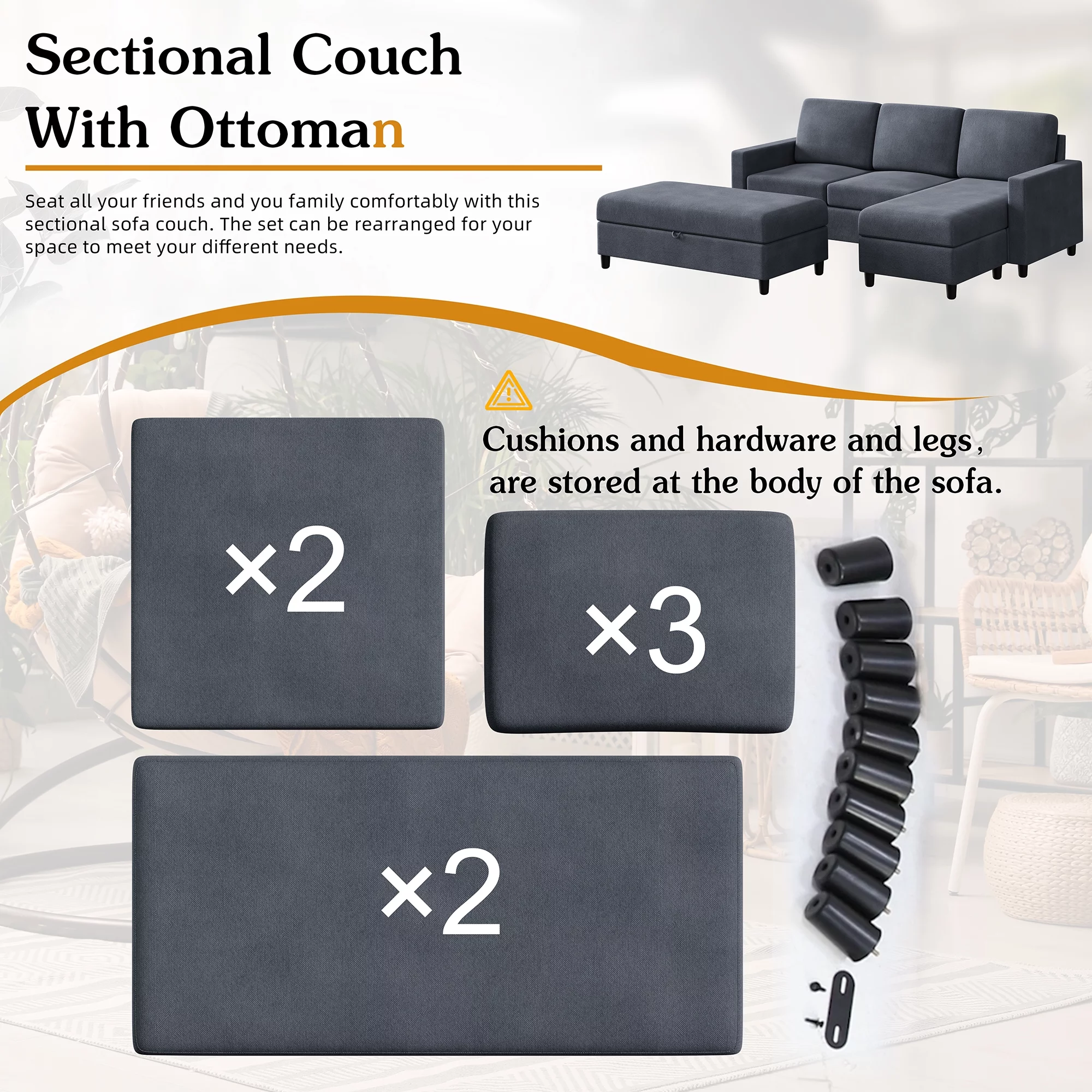 Sobaniilo Soft Couches Set, Convertible Sectional Sofa with Storage Ottoman, Fabric Couches Set for Living Room, Dark Grey