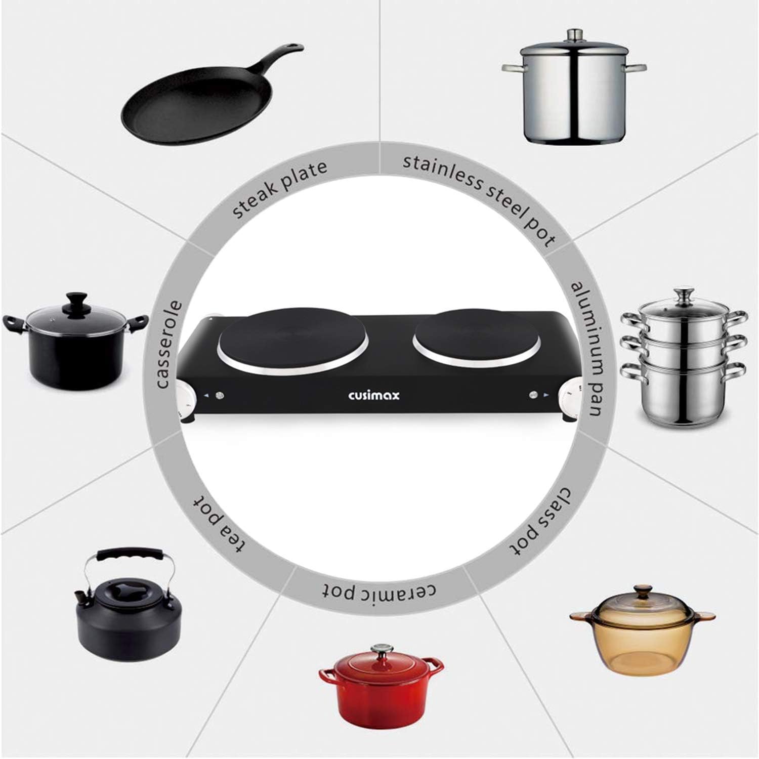 Cusimax Hot Plate Electric Burner Single Burner Cast Iron hot plates for cooking Portable Burner 1500W with Adjustable Temperature Control Stainless Steel Non-Slip Rubber Feet, Upgraded Version